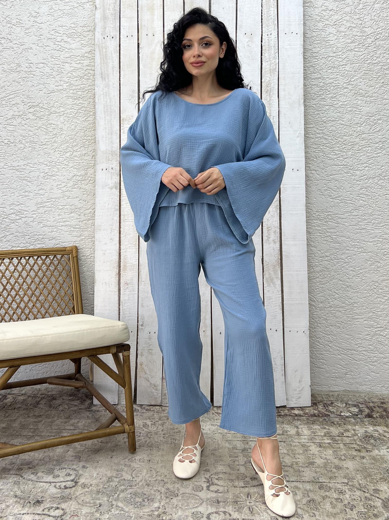 İndigo Mavisi Müslin Pantolon ve Bluz İkili Takım