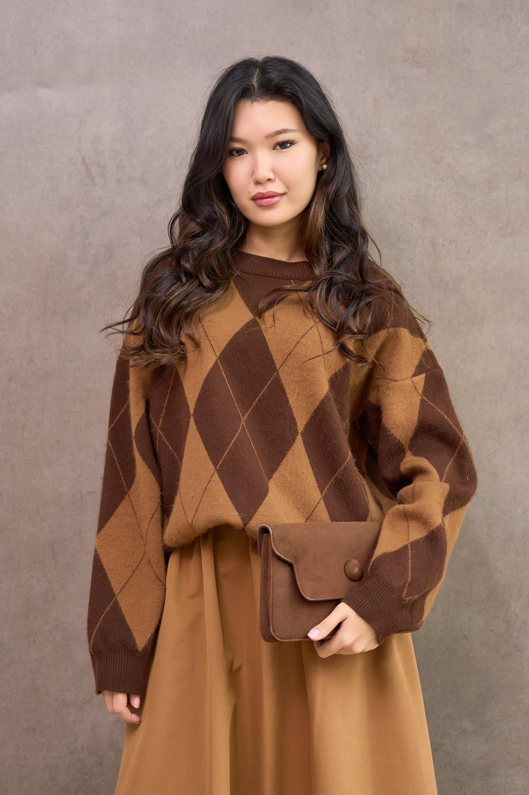 Kahve Baklava Desenli Oversize Kazak