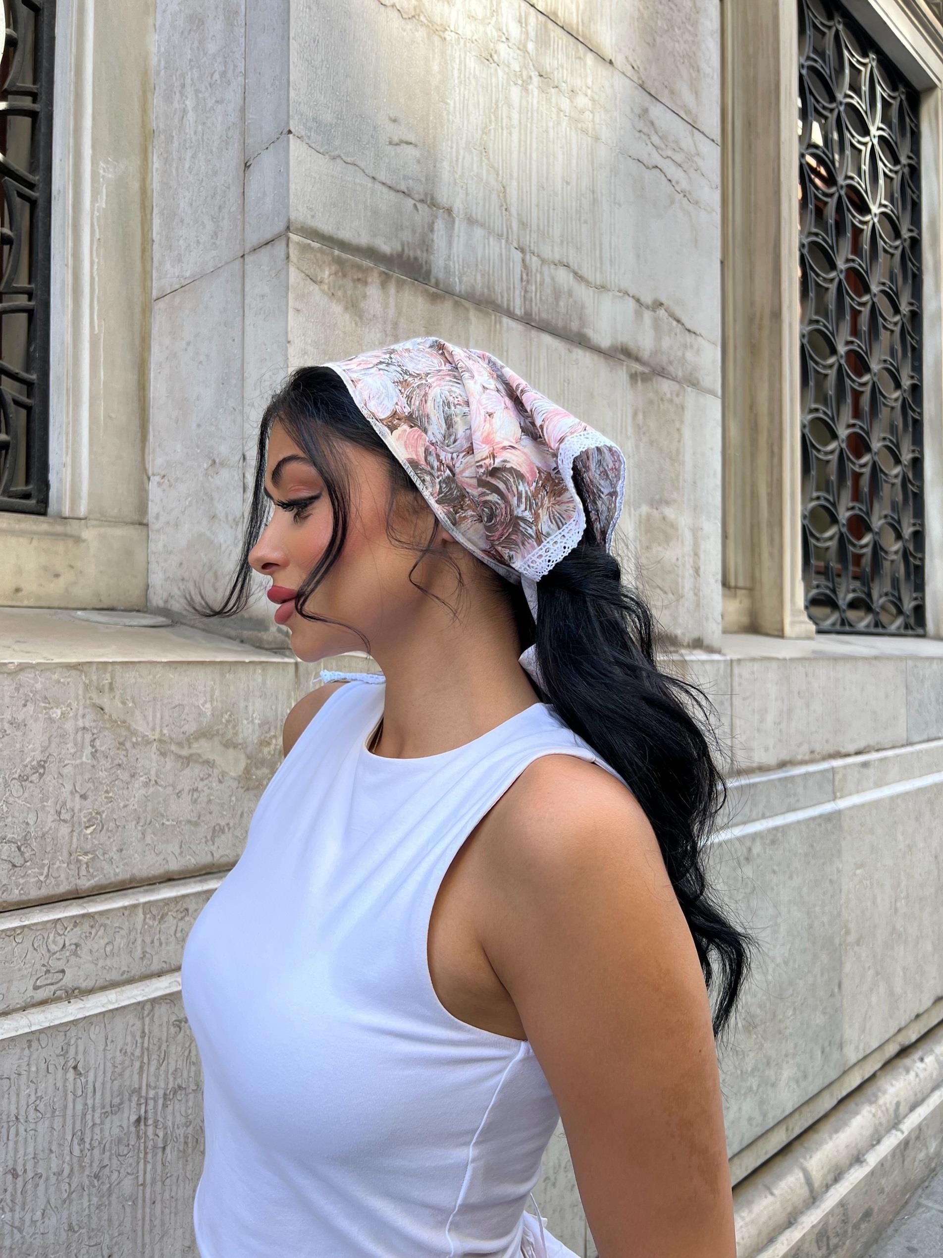 Kahve Pastel Dantel Detaylı Bandana