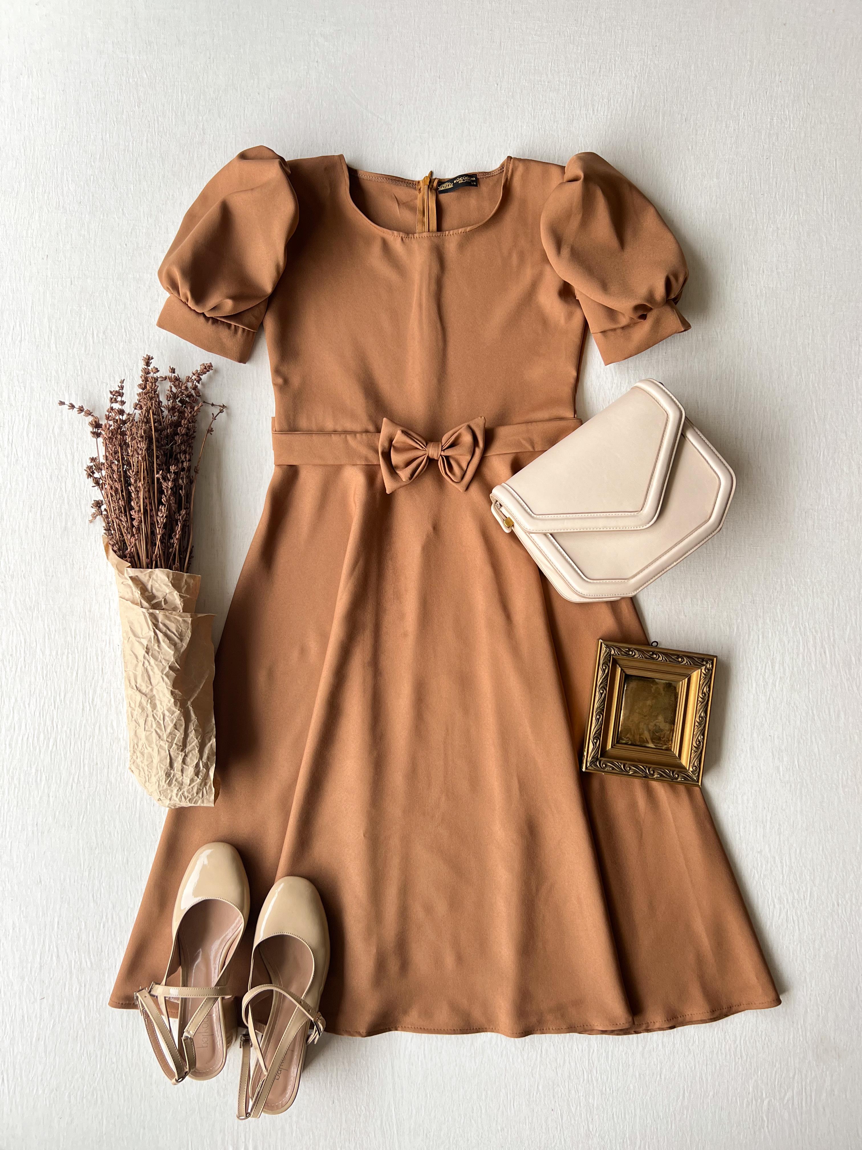 Karpuz Kollu Camel Krep Midi Boy Kloş Elbise