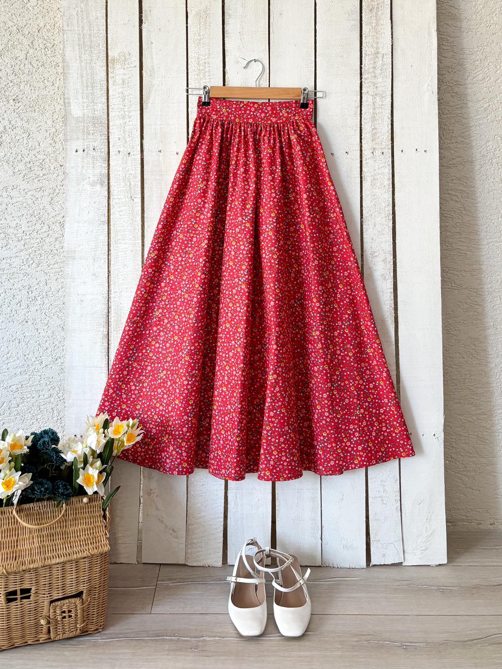 kırmızı çok çiçekli poplin kloş etek