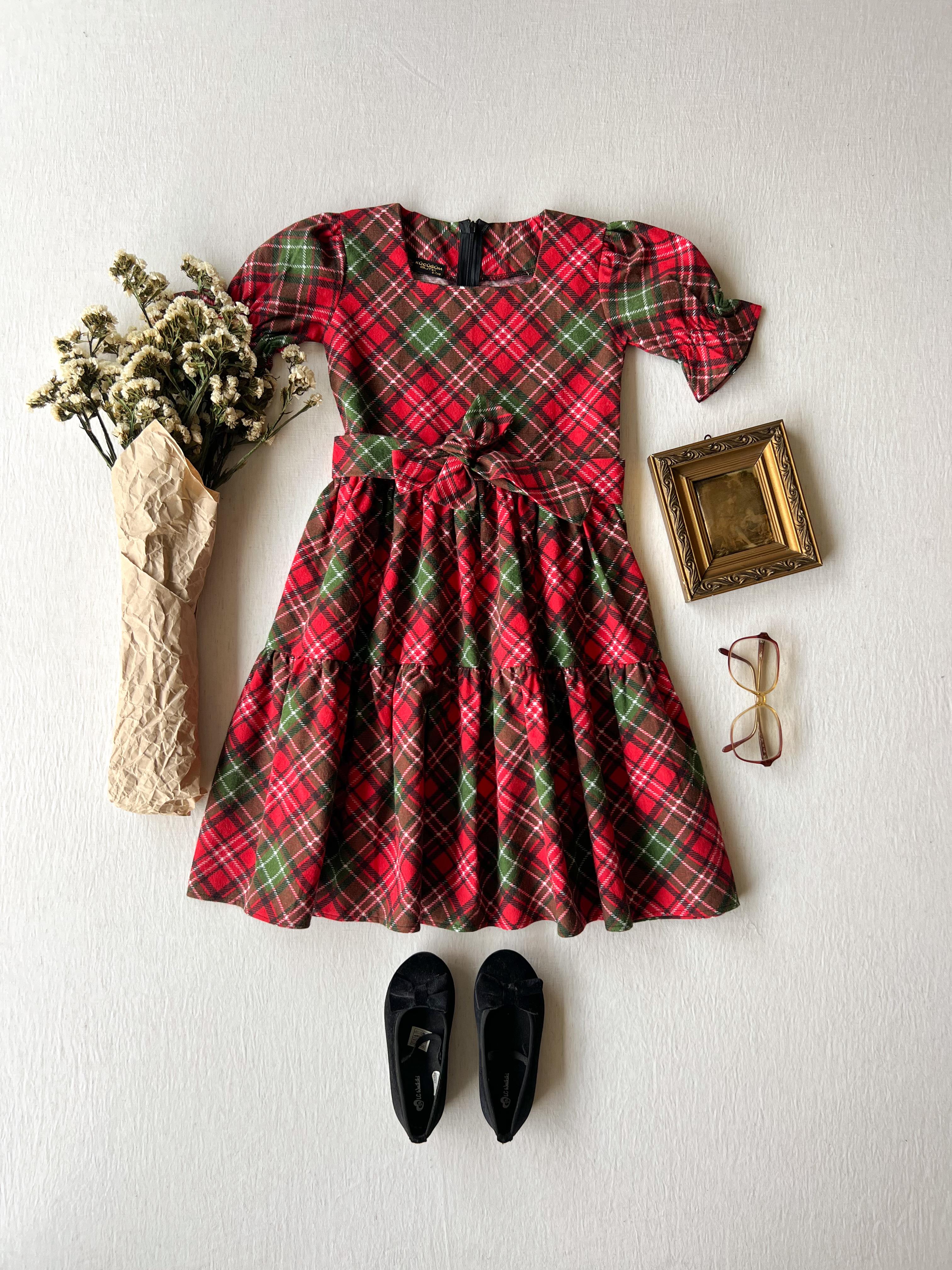 Kırmızı Ekose Kare Yaka Kat Kat Kız Çocuk Elbise
