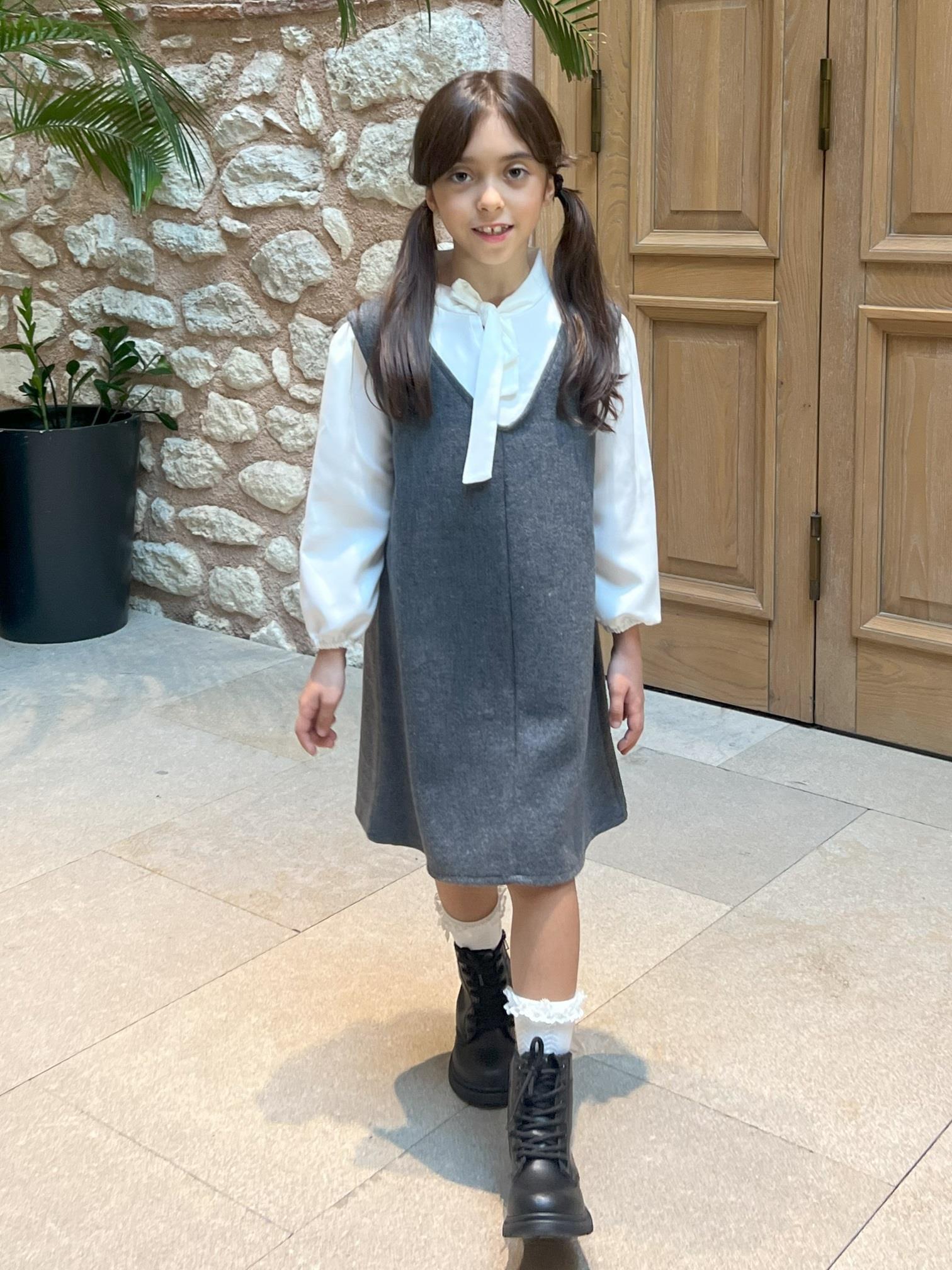 KIZ ÇOCUK ANTRASİT KAŞE JİLE ELBİSE
