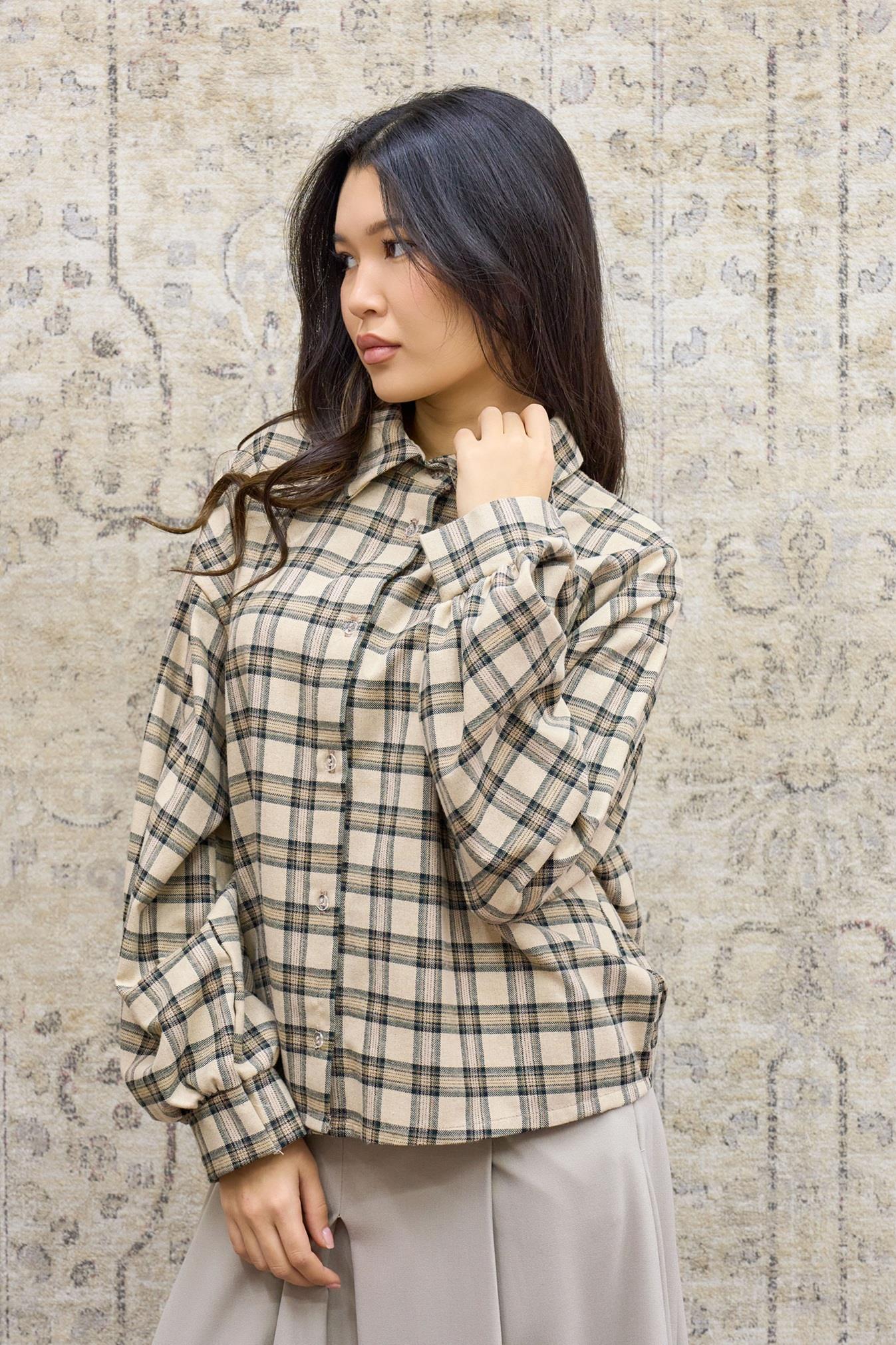 Krem Ekose Desenli Gömlek