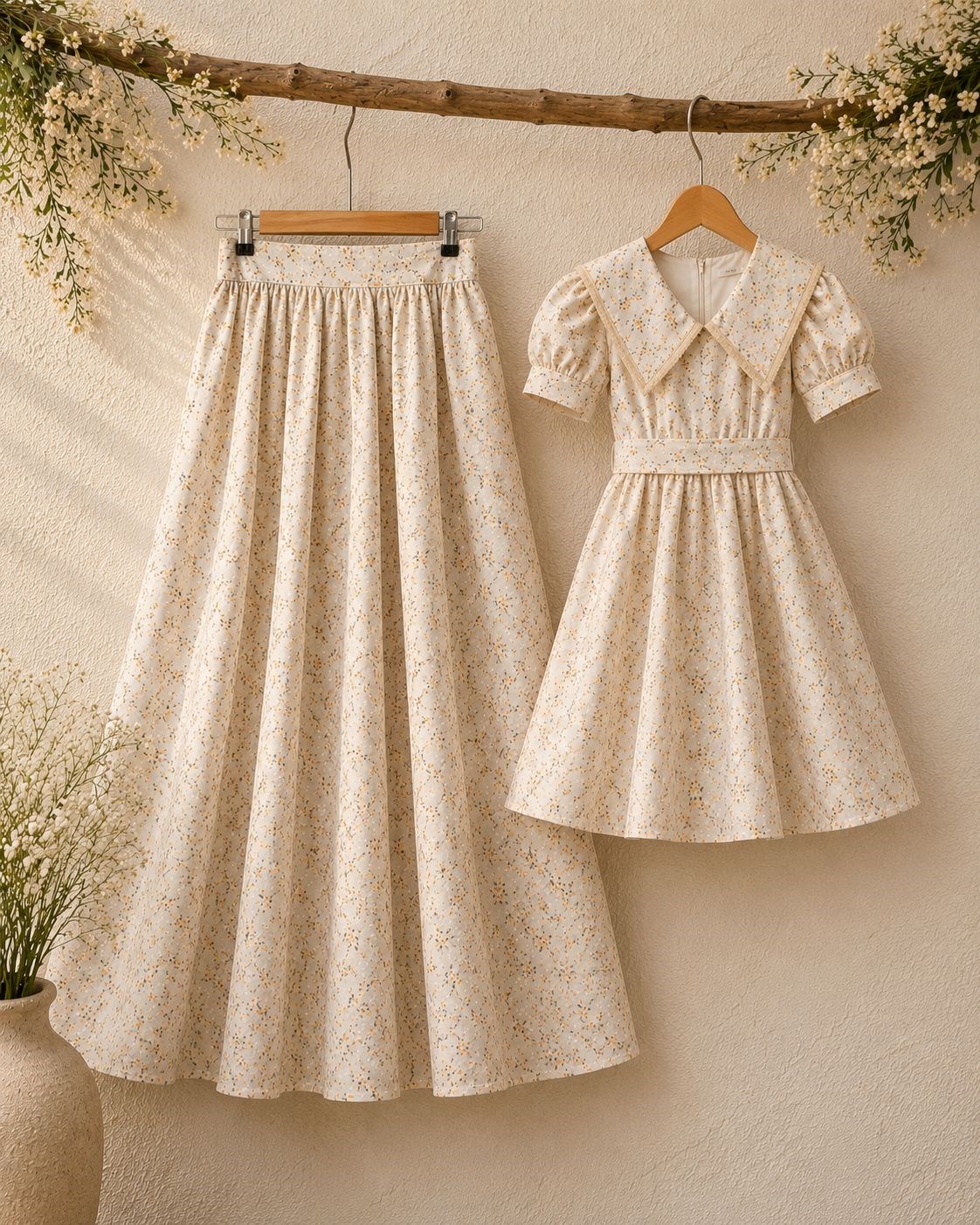 Krem-Kahve Balon Etek ve Kız Çocuk Vintage Yakalı Kloş Elbise Anne-Kız Kombini