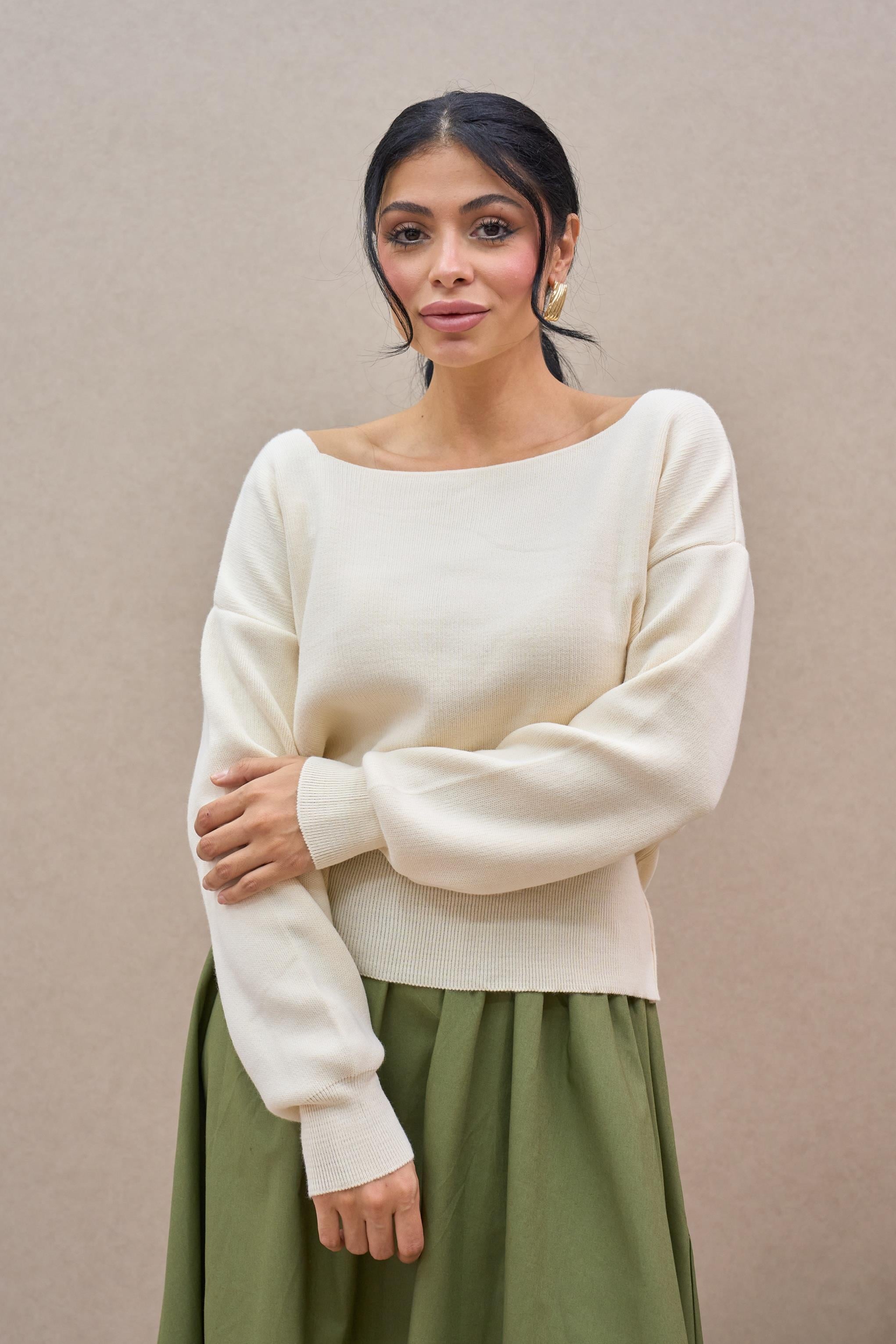 Krem Kayık Yaka Triko Oversize Kazak