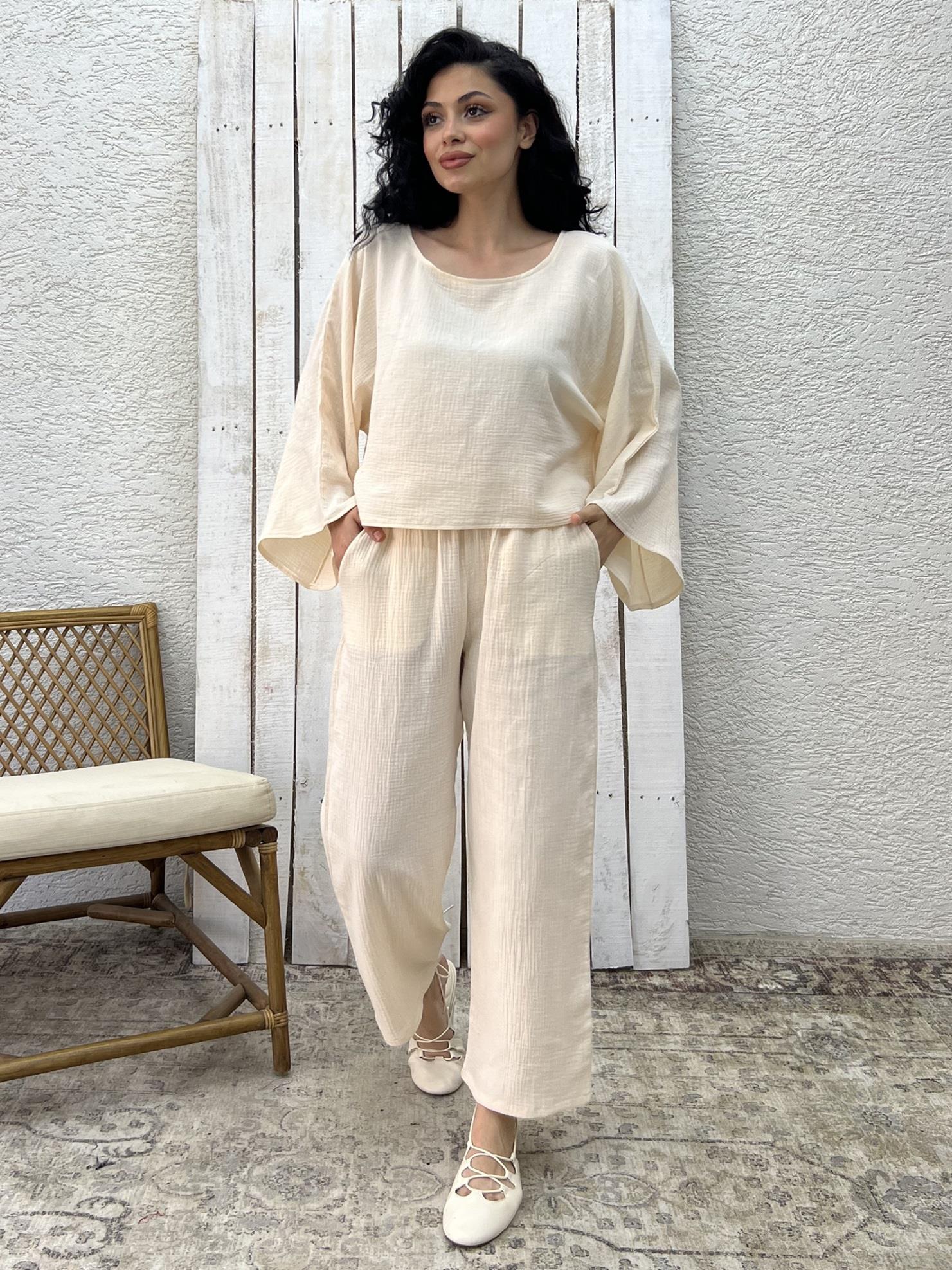 Krem Müslin Pantolon ve Bluz İkili Takım