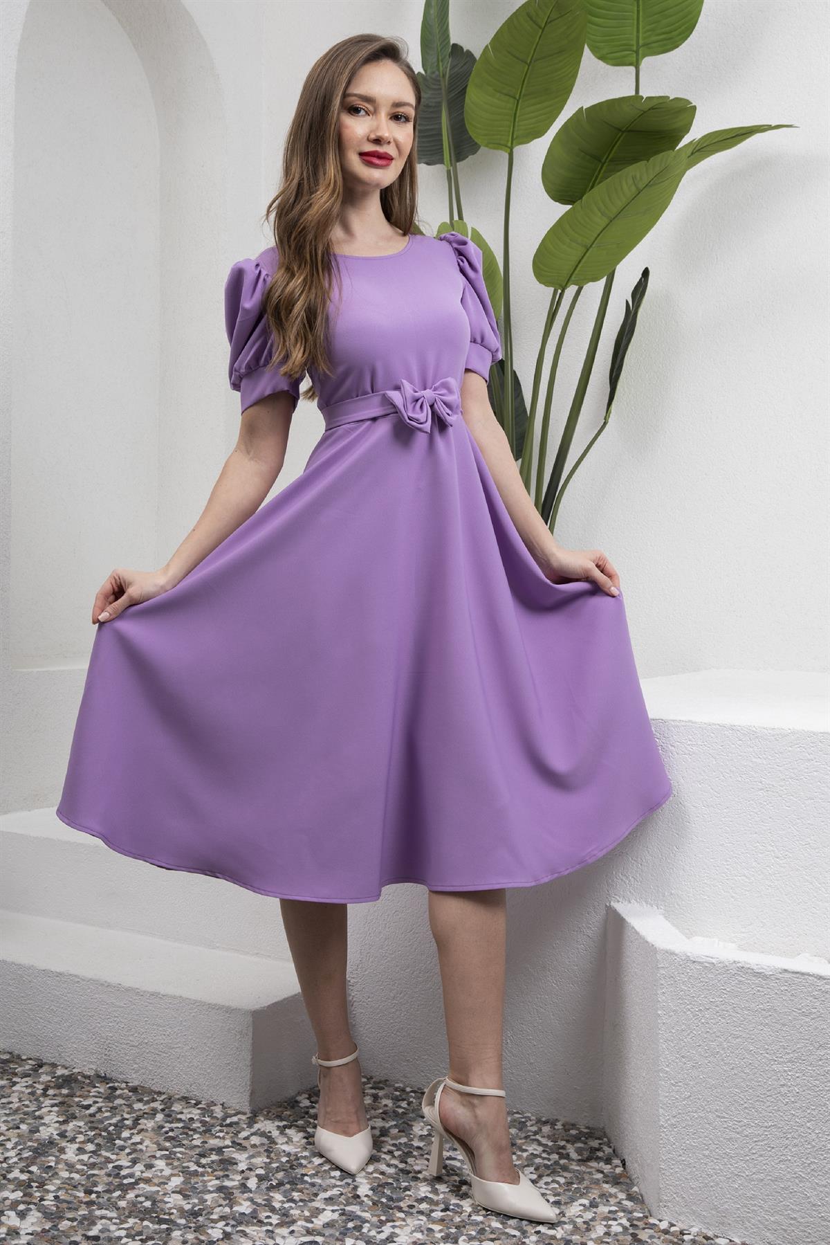 Lila Krep Karpuz Kol Midi Boy Kloş Elbise - Küçüğüm Butik