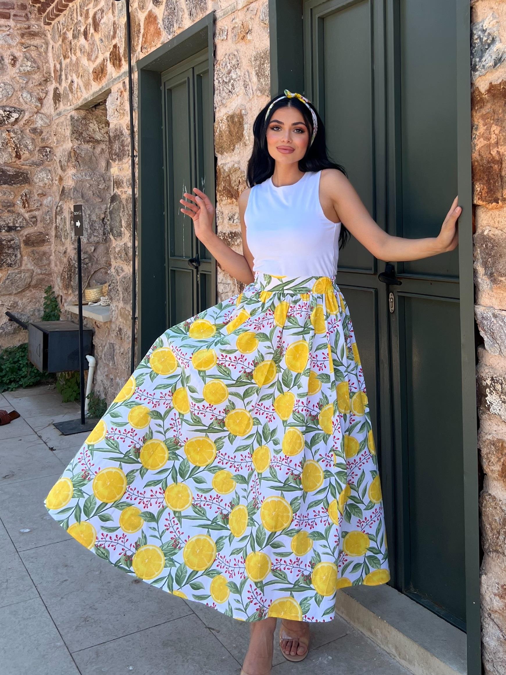 Limon Desenli Kloş Etek