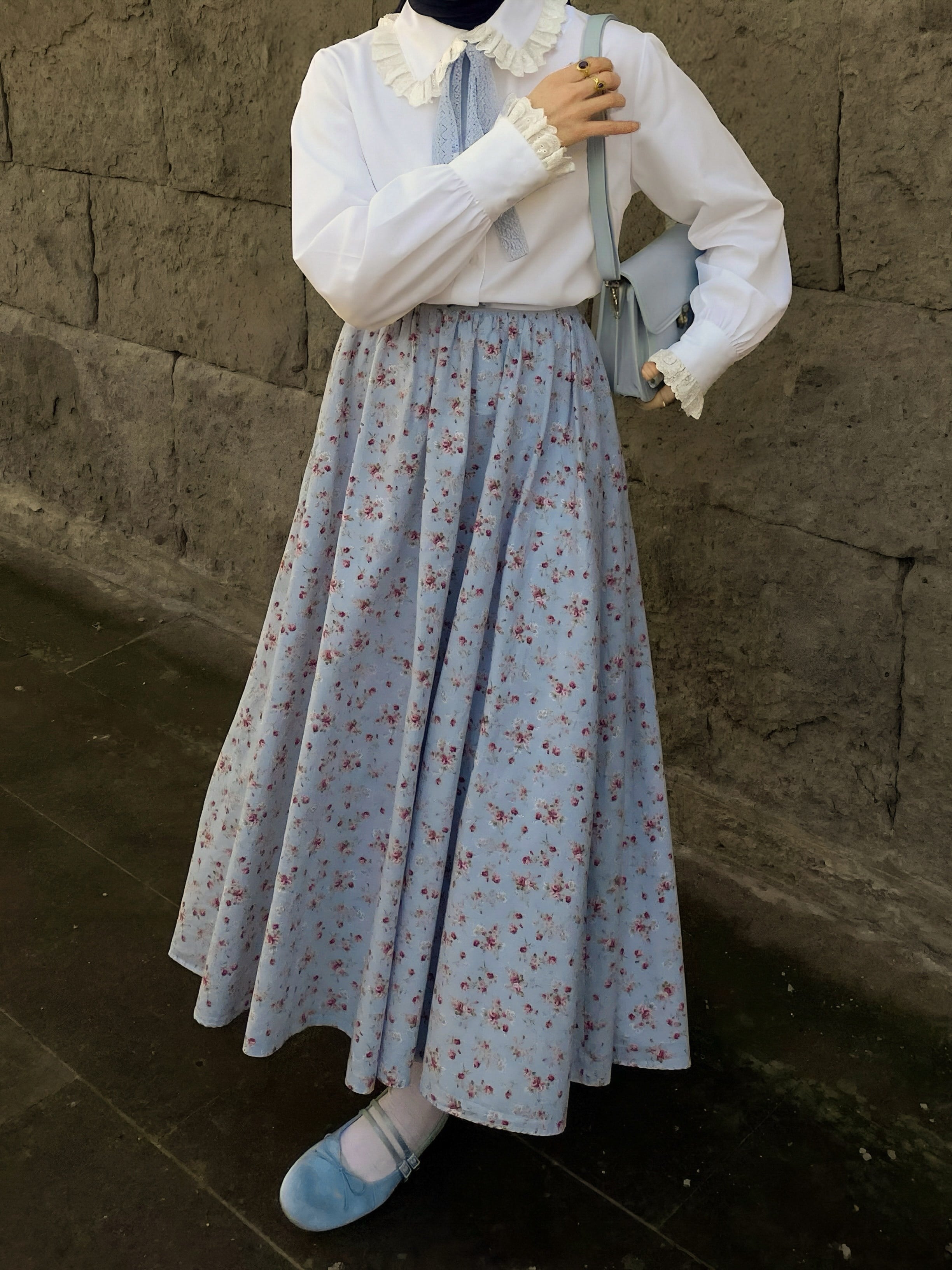 Mavi-Bordo Çiçekli Poplin Kloş Etek