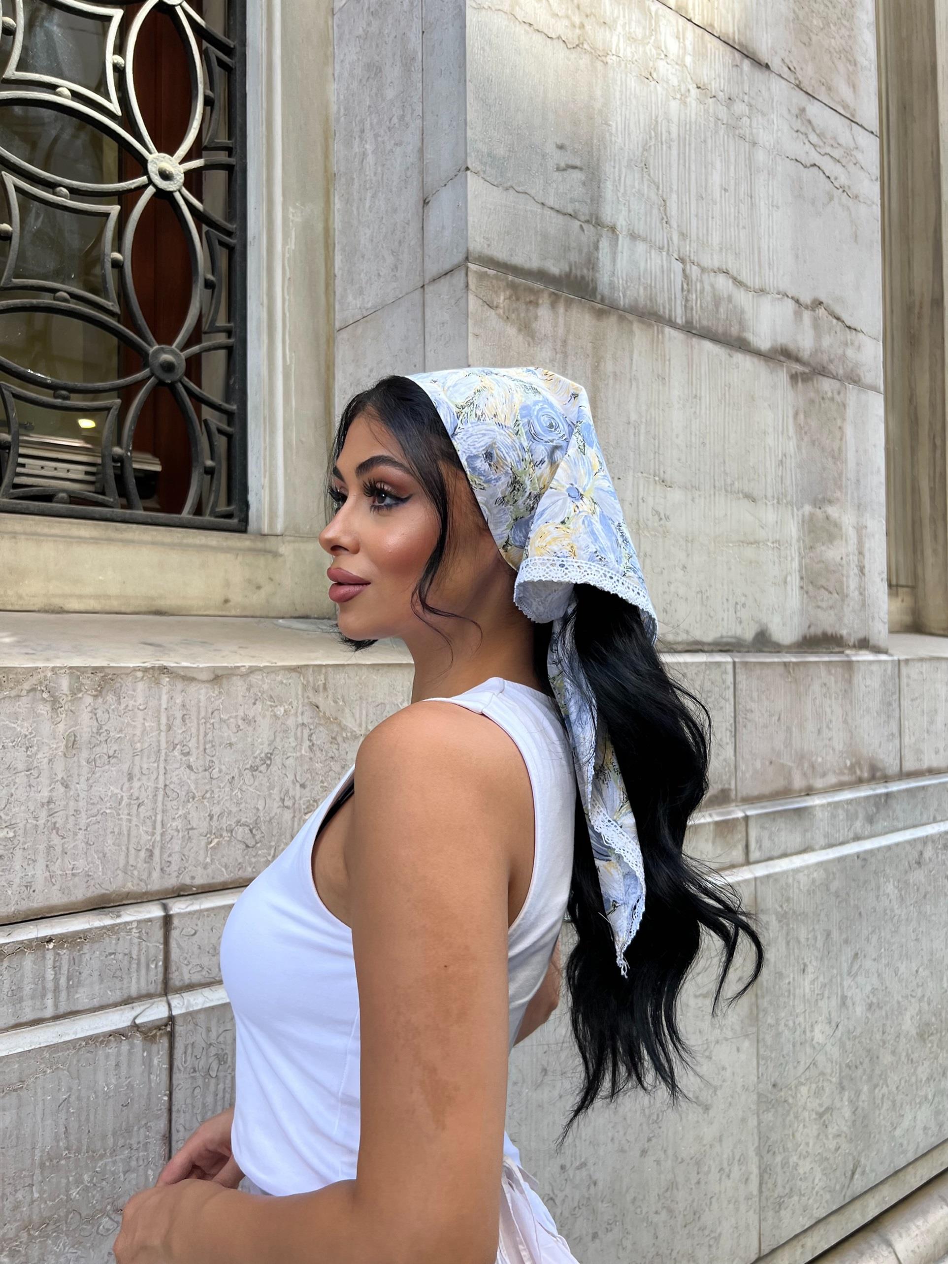 Mavi Pastel Dantel Detaylı Bandana