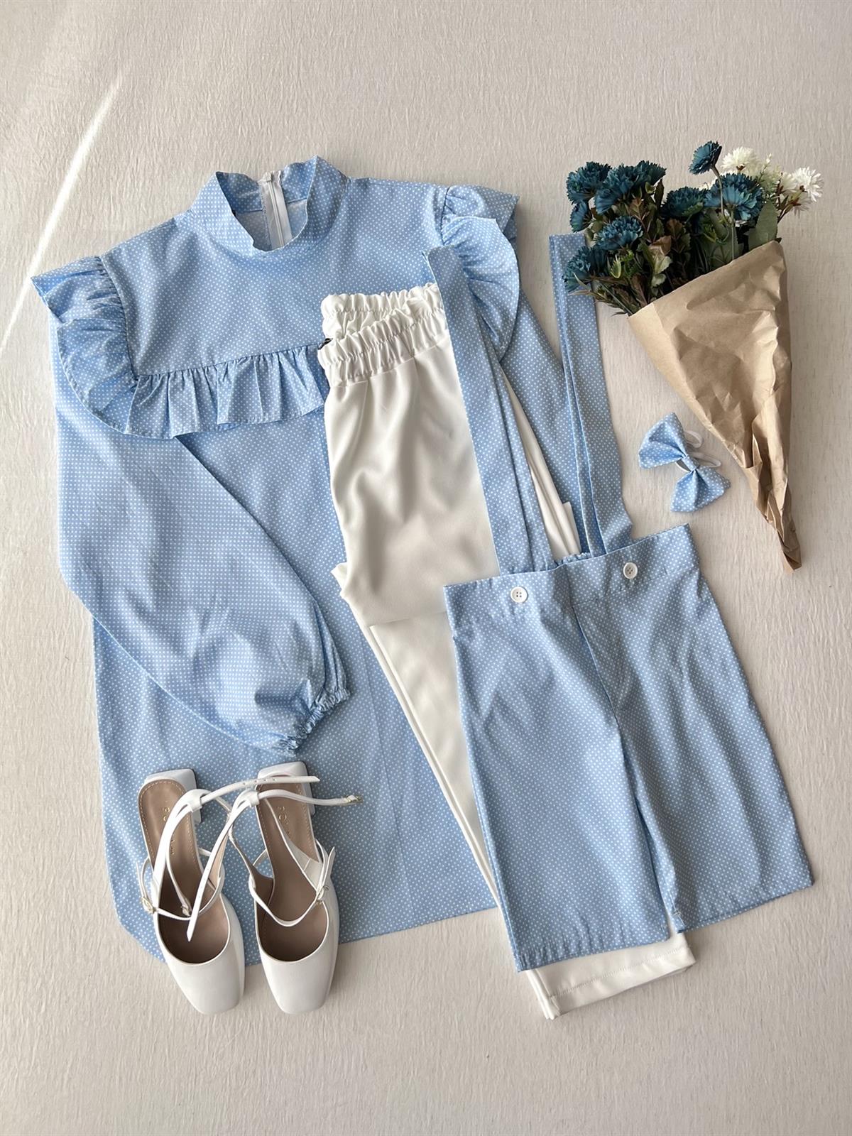 Mavi Puantiyeli Fırfırlı Tunik ve Erkek Çocuk Salopet papyon