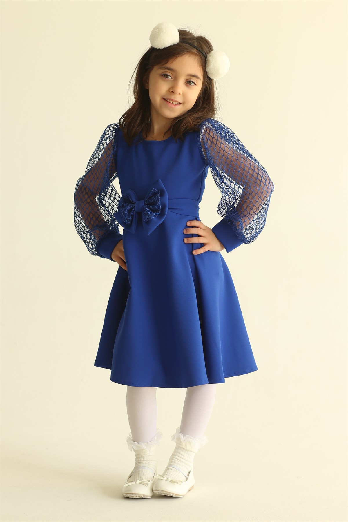 Mavi Tül Kollu Kloş Kız Çocuk Elbise www.kucugumbutik.com