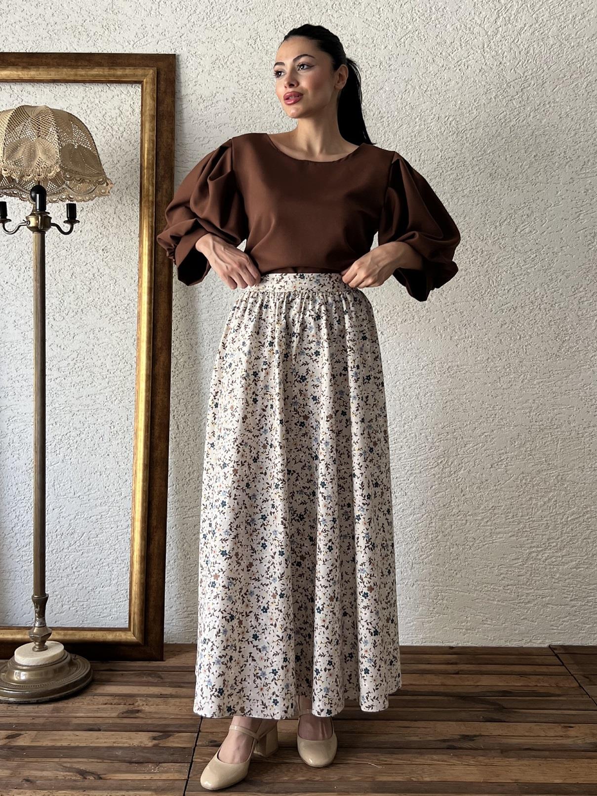 Mini Çiçekli Gri-Kahve  Kloş Poplin Etek