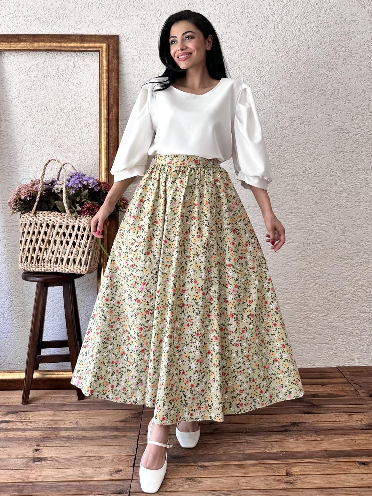 Mini Çiçekli Yeşil Poplin Etek