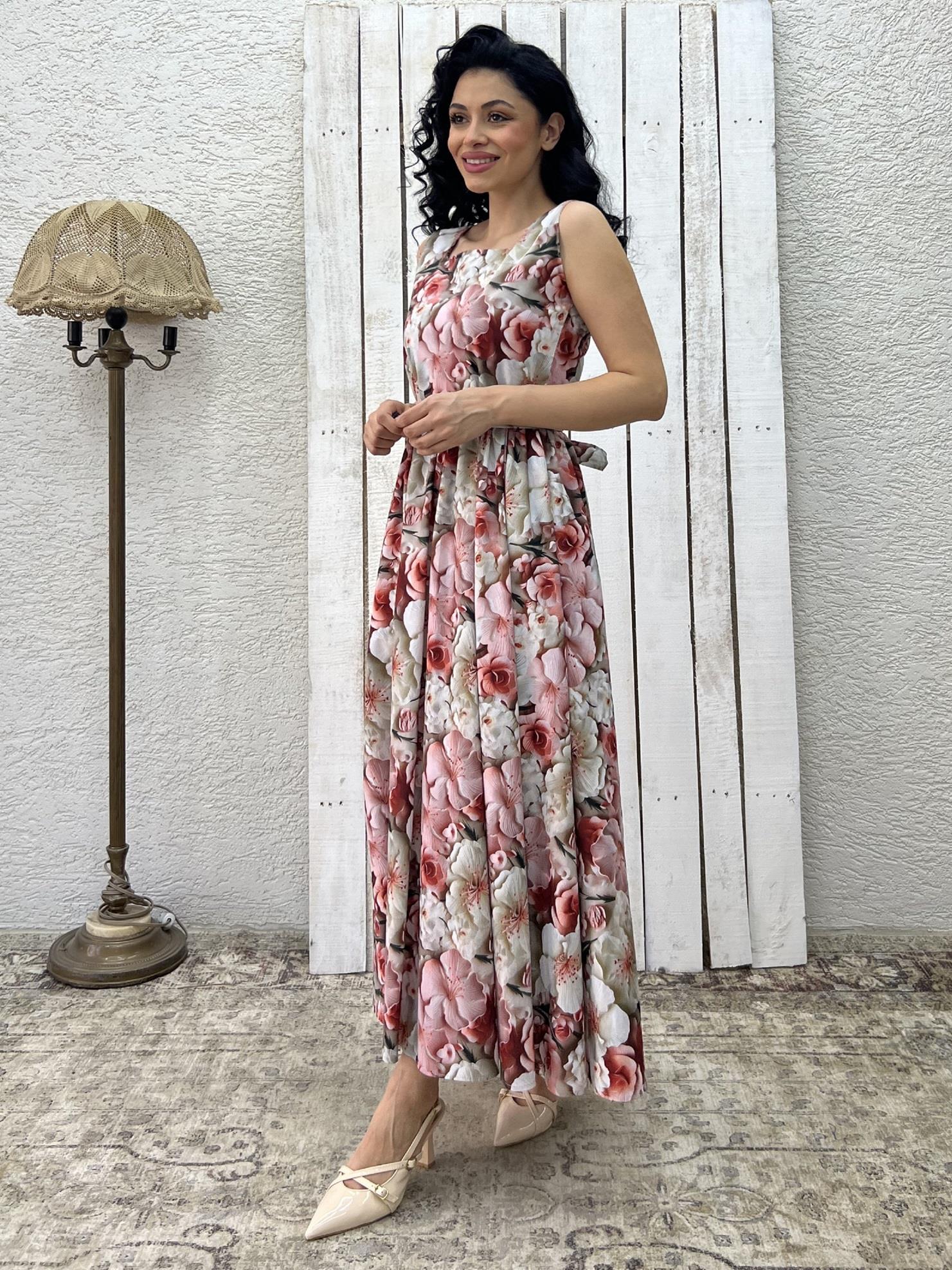 Pamuk Saten Pembe Büyük Çiçekli Kolsuz Elbise