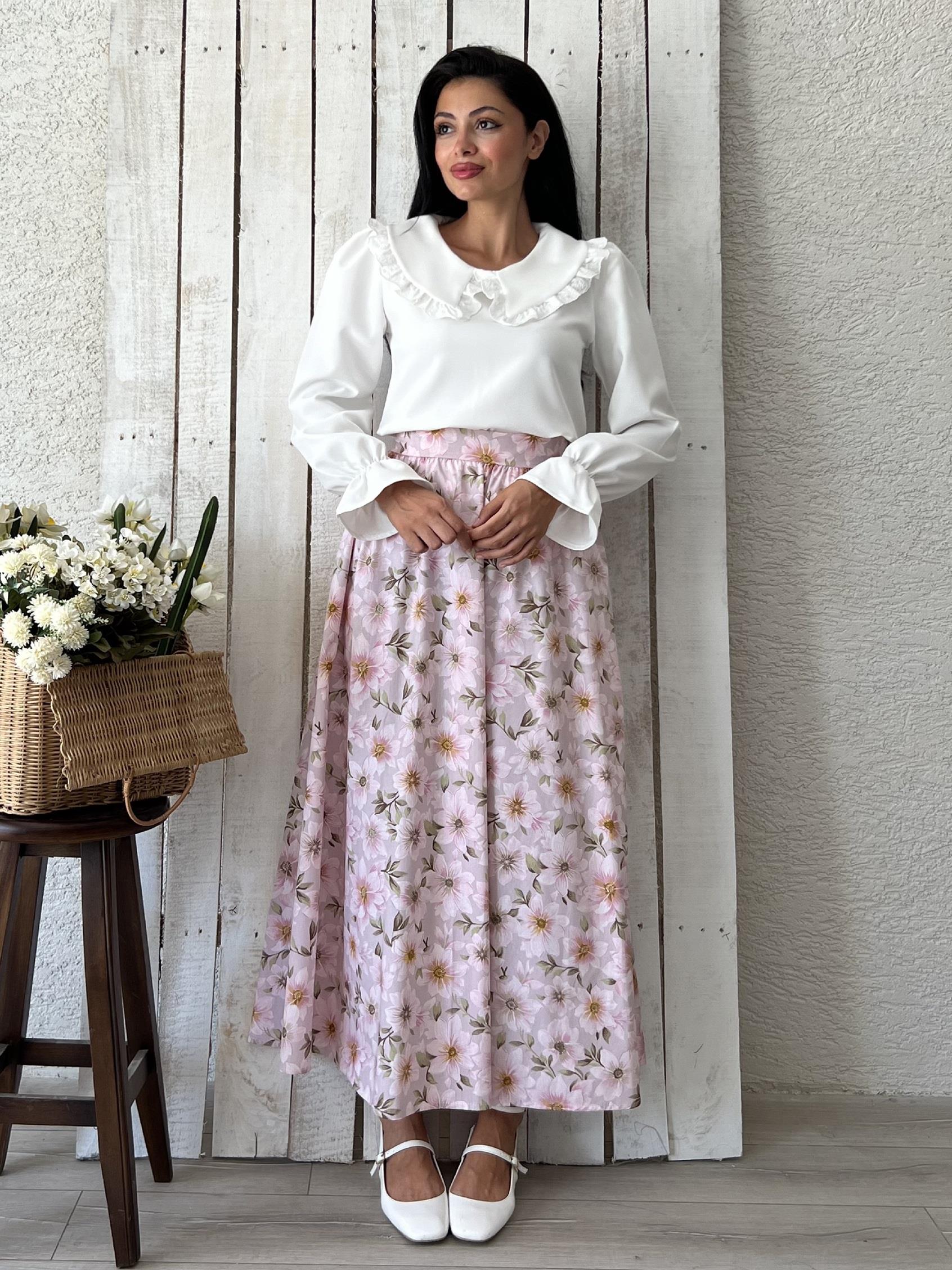 Pembe Açelya Çiçeği Kloş Poplin Etek