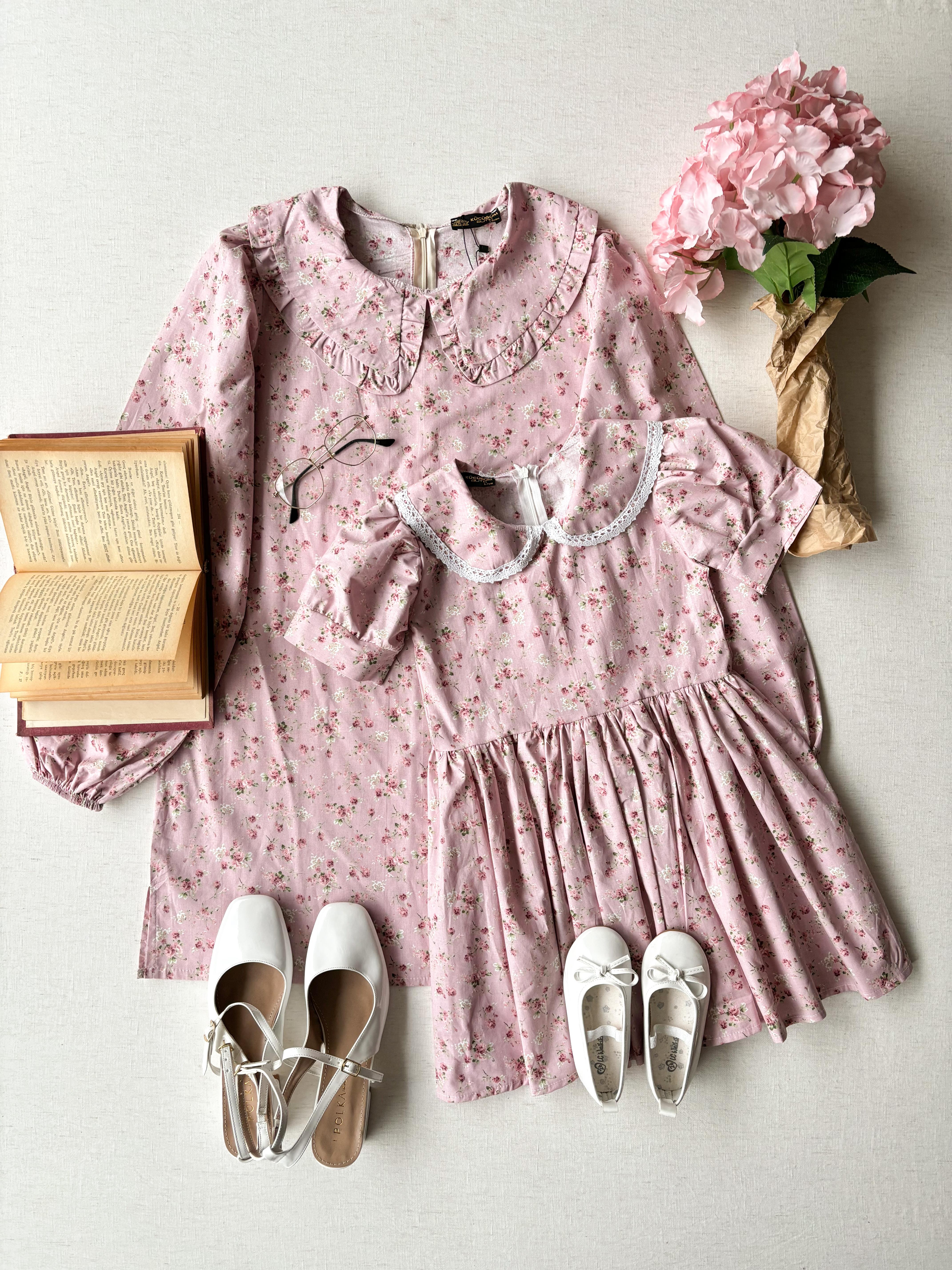 Pembe-Bordo Çiçekli Bebe Yaka Tunik ve Kız Çocuk Elbise Kombin