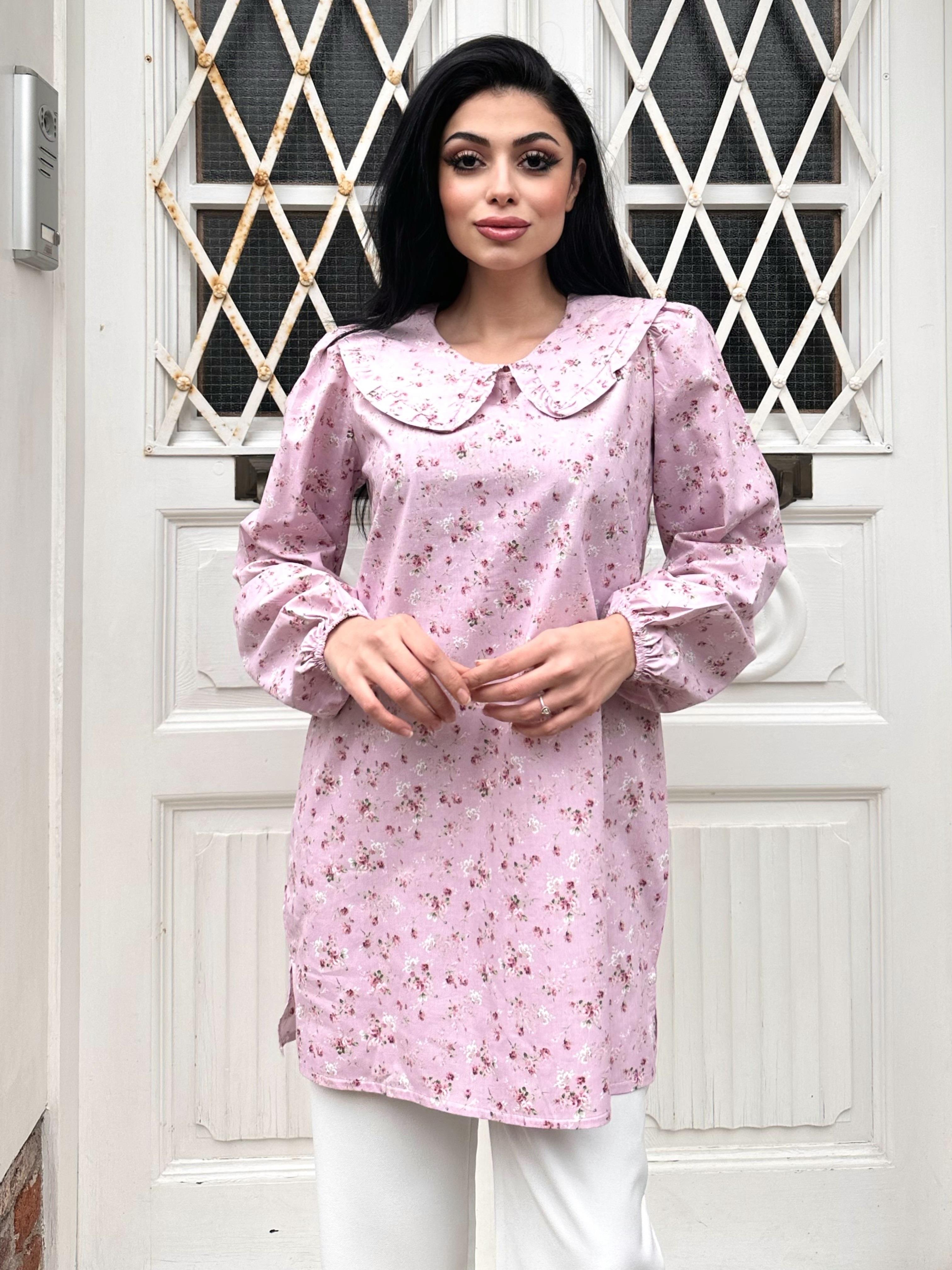 Pembe Küçük Çiçekli Bebe Yaka Uzun Poplin Tunik