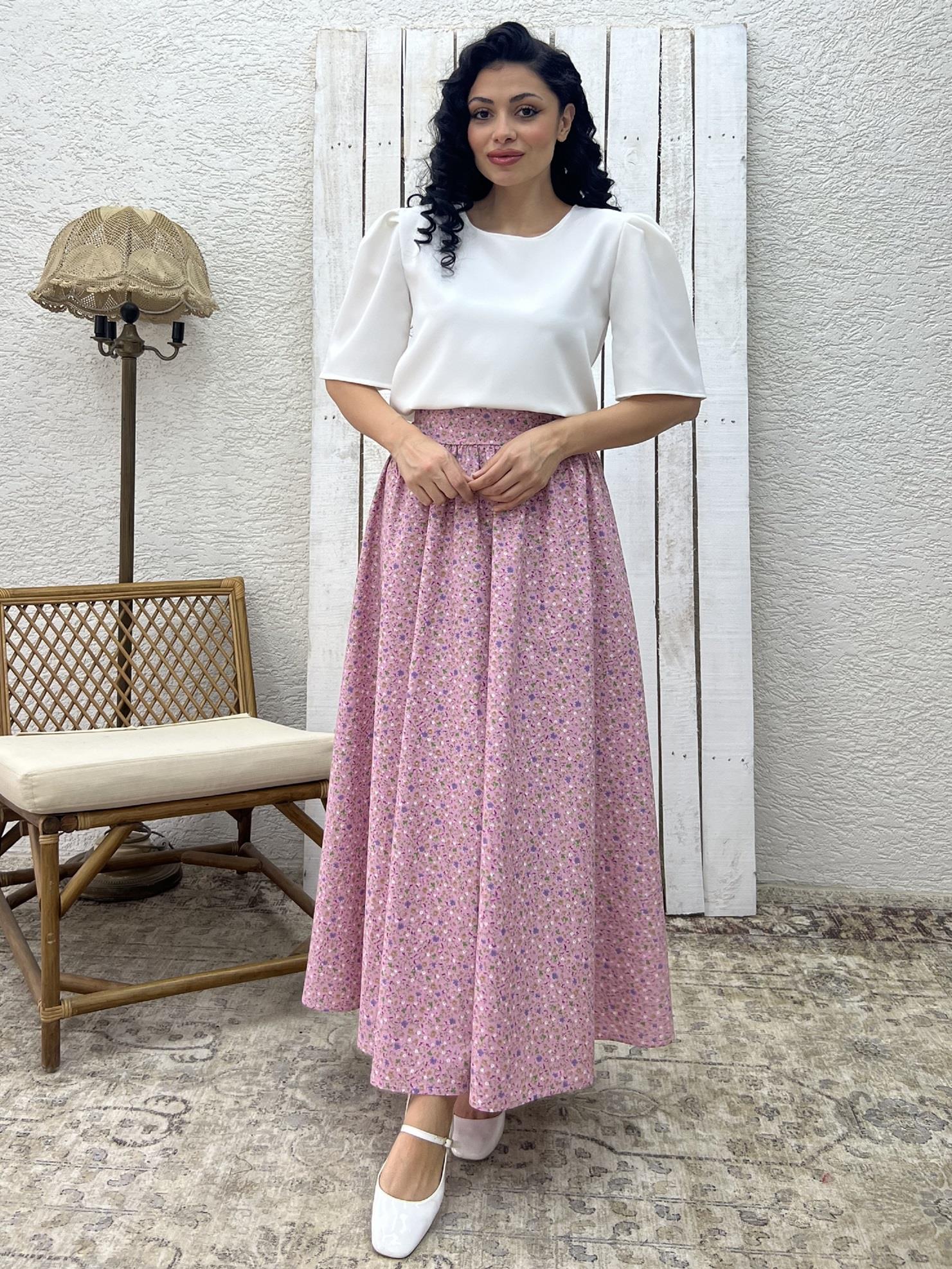 Pembe-Mor Çiçekli Kloş Etek