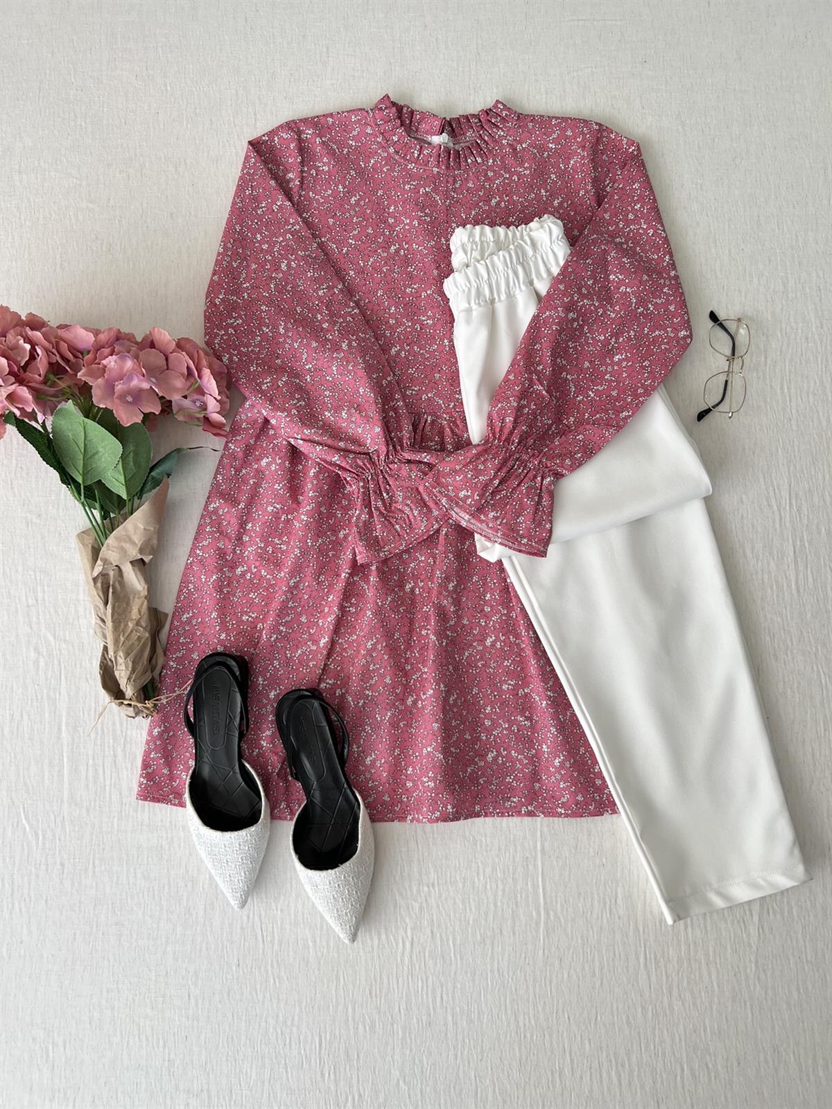 Pembe Poplin Fırfır Yakalı Tunik