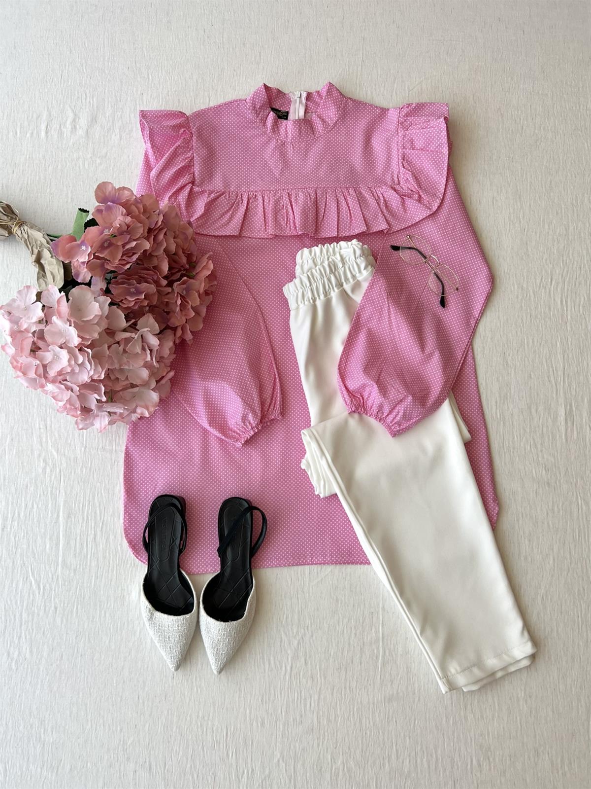 Pembe Puantiyeli Fırfırlı Poplin Tunik