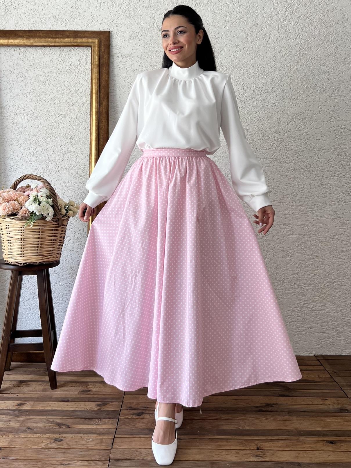 Pembe Puantiyeli Kloş Poplin Etek