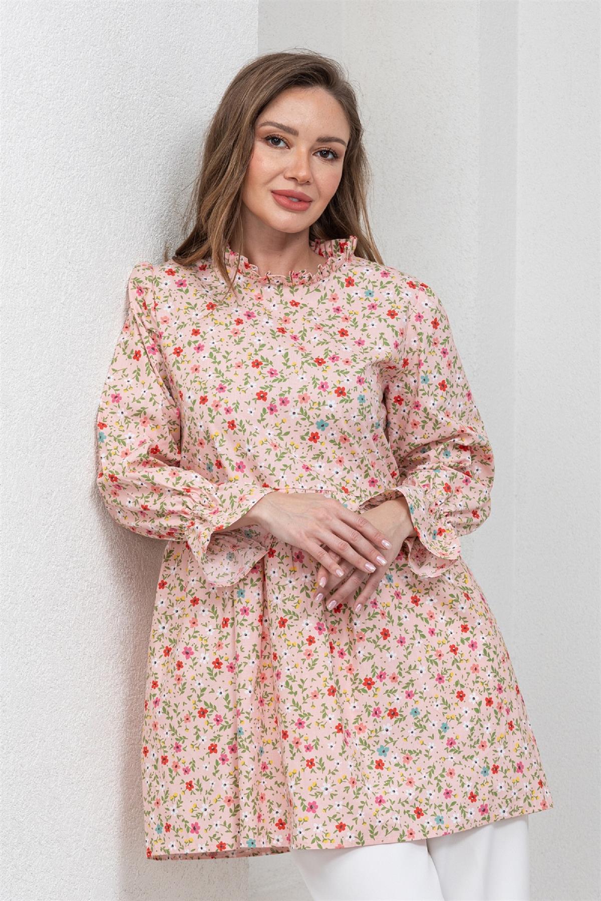 Pudra Çiçekli Fırfır Yakalı Poplin Tunik