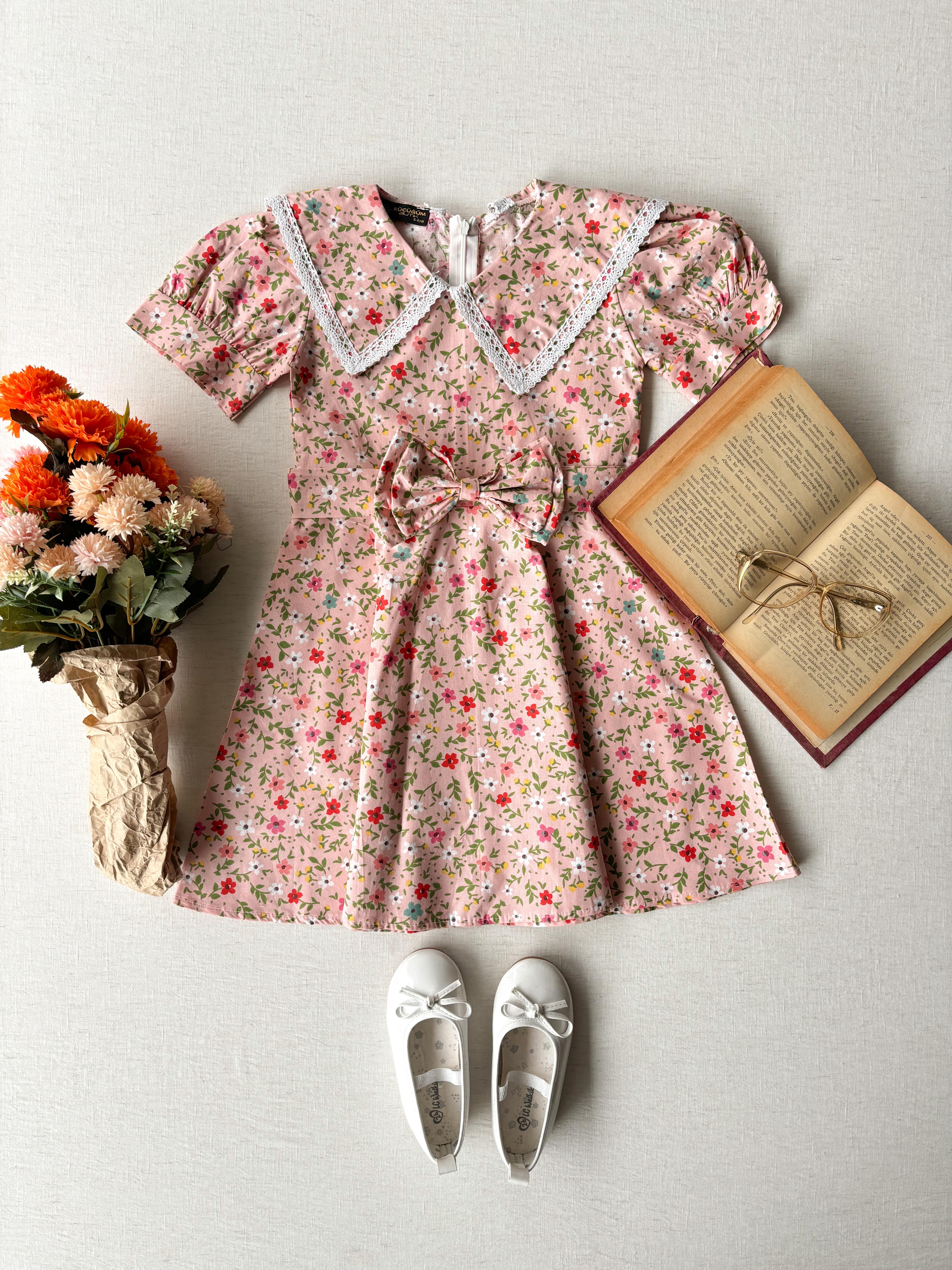 Pudra Çiçekli Vintage Yakalı Kız Çocuk Elbise