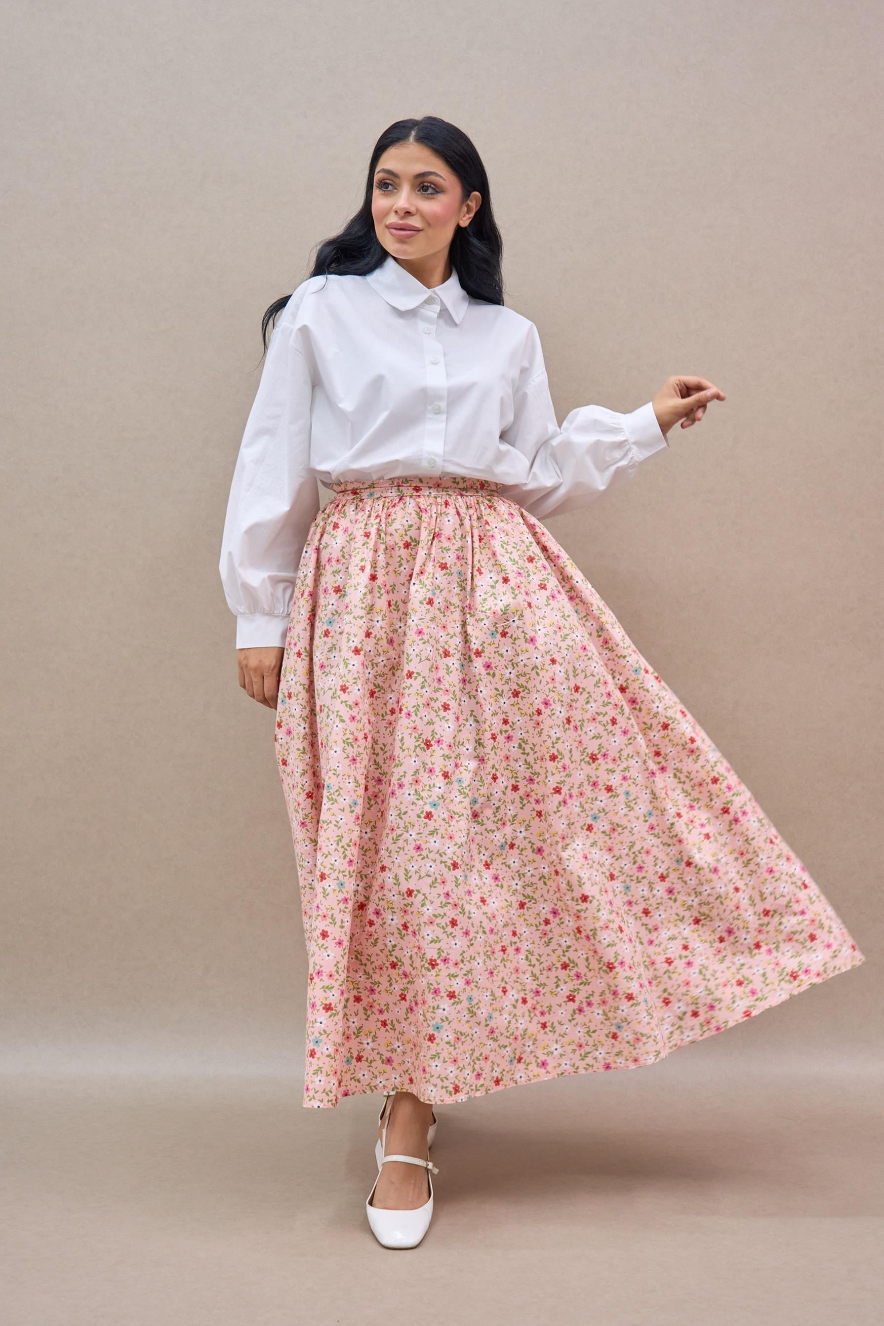 Pudra Mini Çiçekli Kloş Poplin Etek