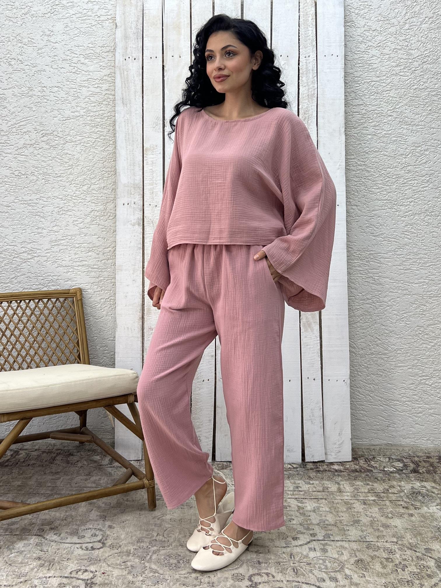 Pudra Müslin Pantolon ve Bluz İkili Takım