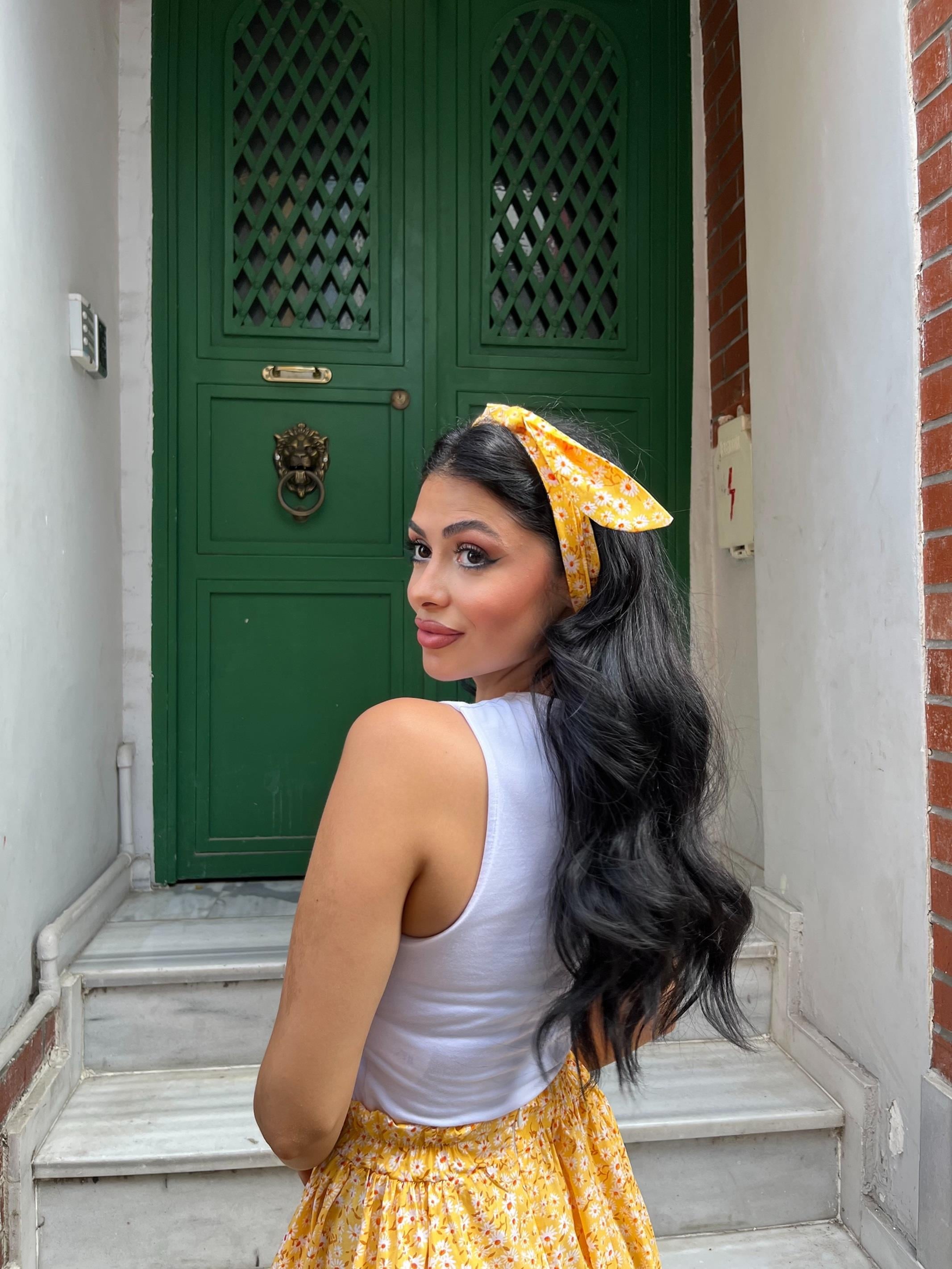 Sarı Papatya Desenli Poplin Bandana