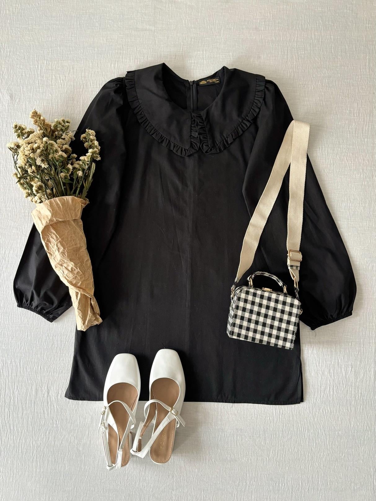 Siyah Bebe Yaka Poplin Tunik