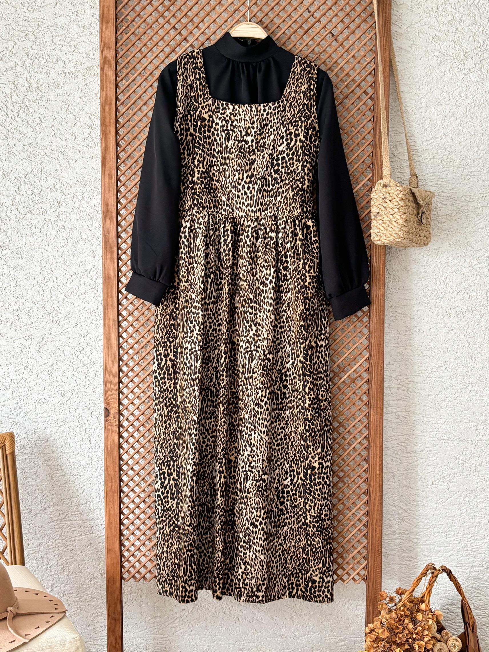 Siyah Krep Bluz ve Leopar Desenli Viskon Jile Elbise (2 li Takım)