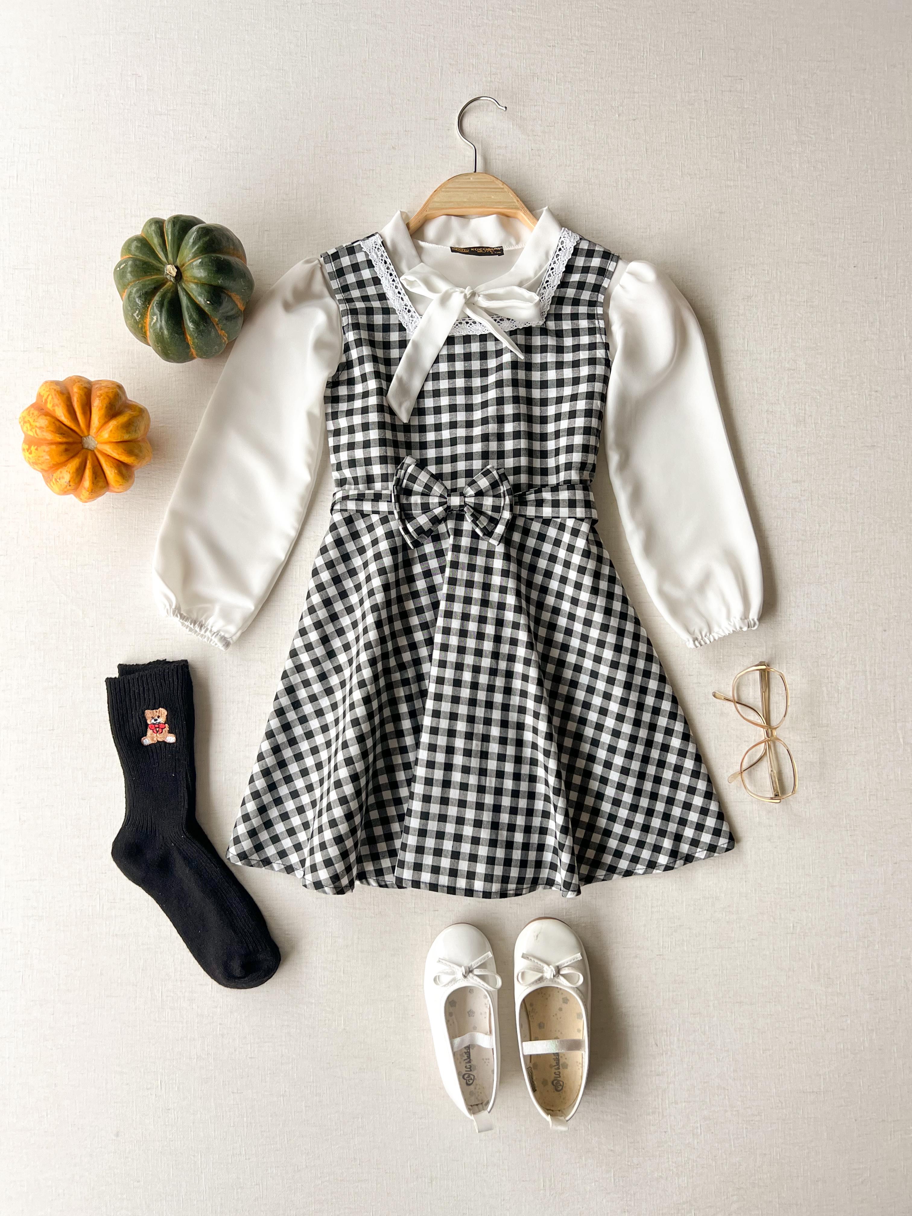 Siyah Pötikare Kız Çocuk Elbise