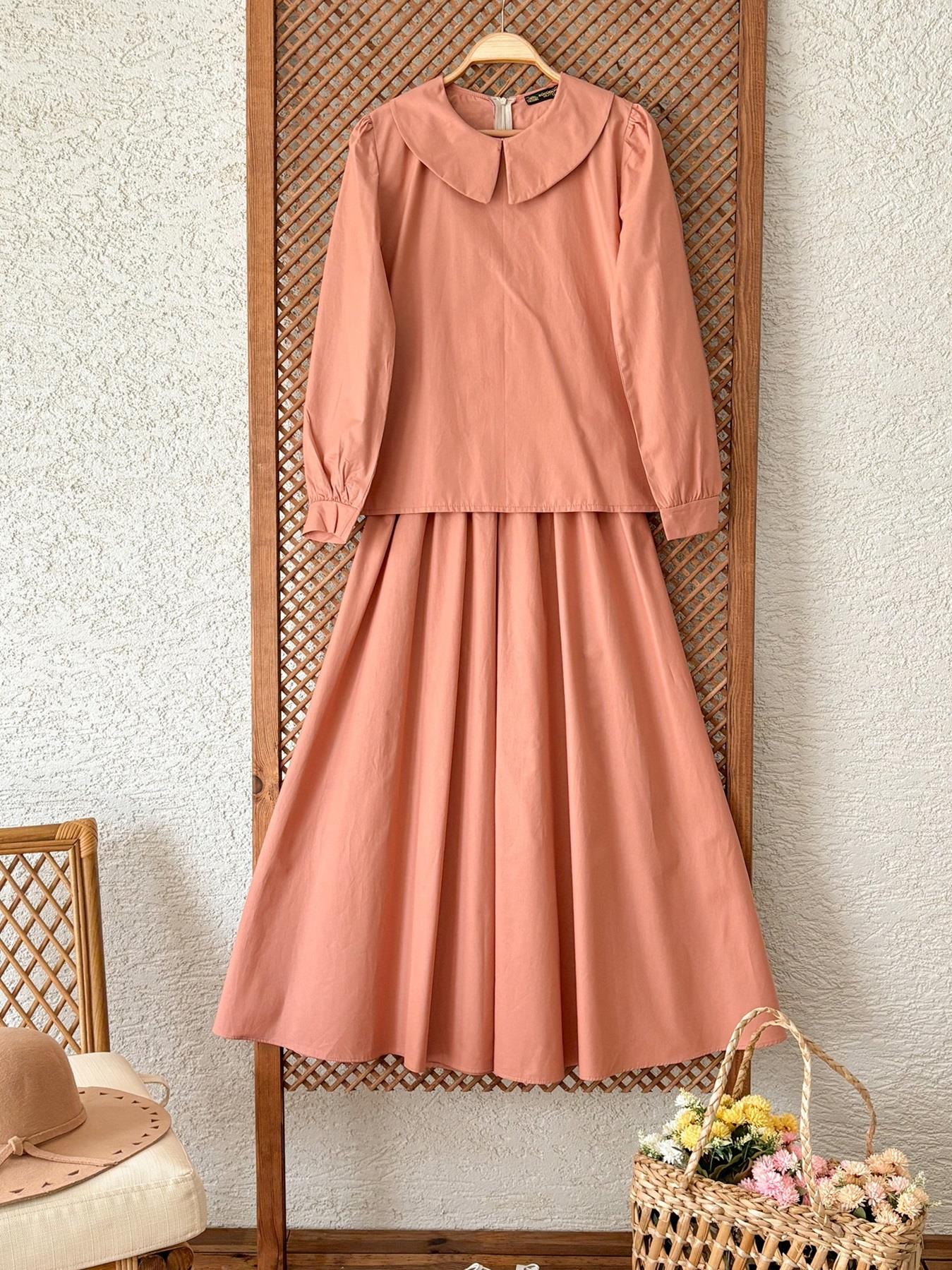Somon Küçük Yakalı Poplin Bluz ve Büzgülü Kloş Etek Takımı