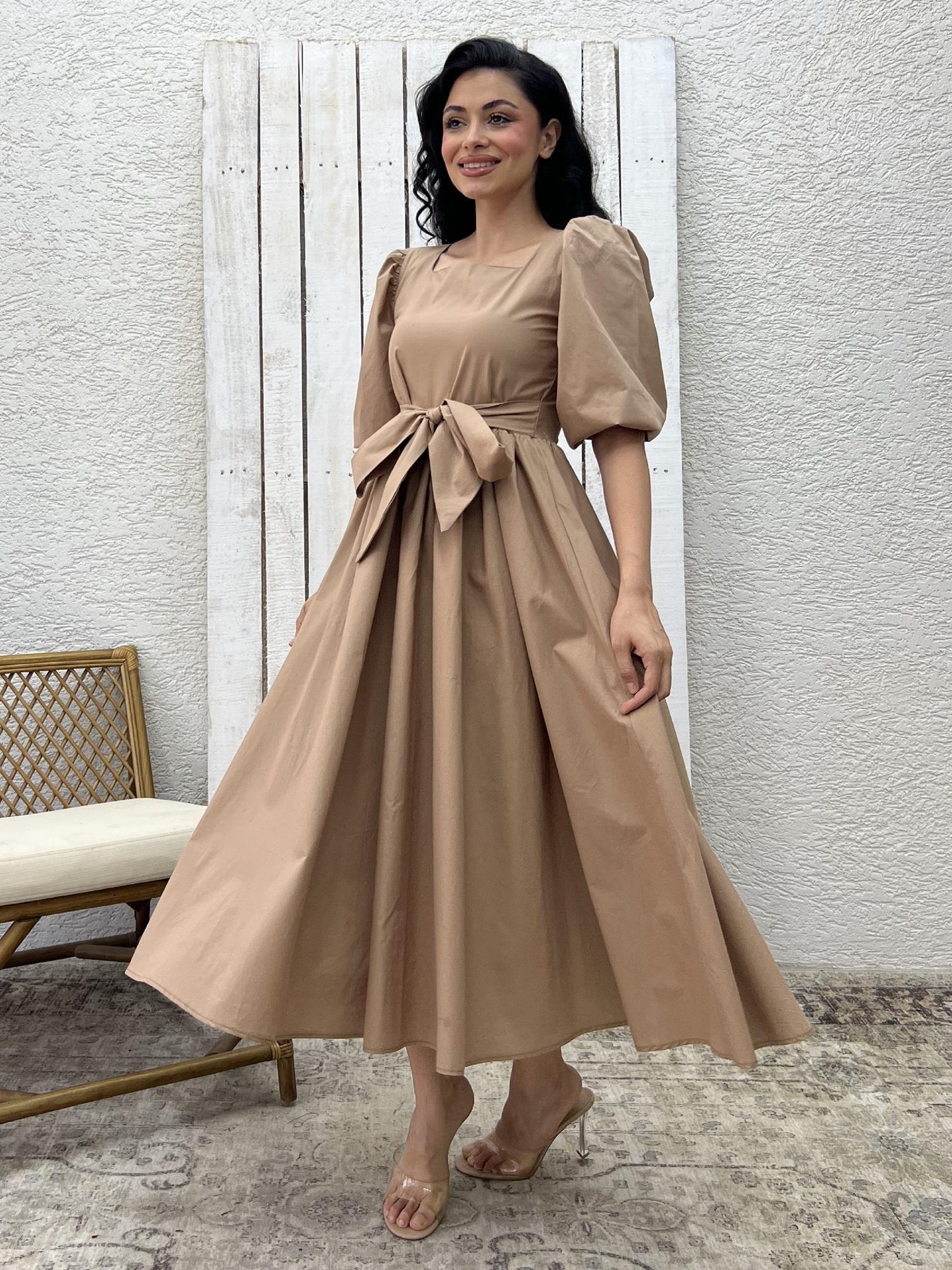 Sütlü Kahve Fiyonklu Kare Yaka Kloş Poplin Elbise