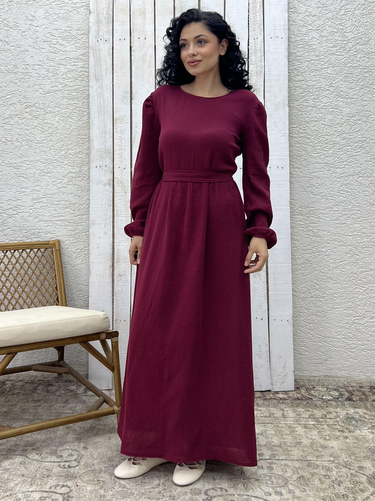 Tesettür Bordo Müslin Belden Büzgülü Elbise