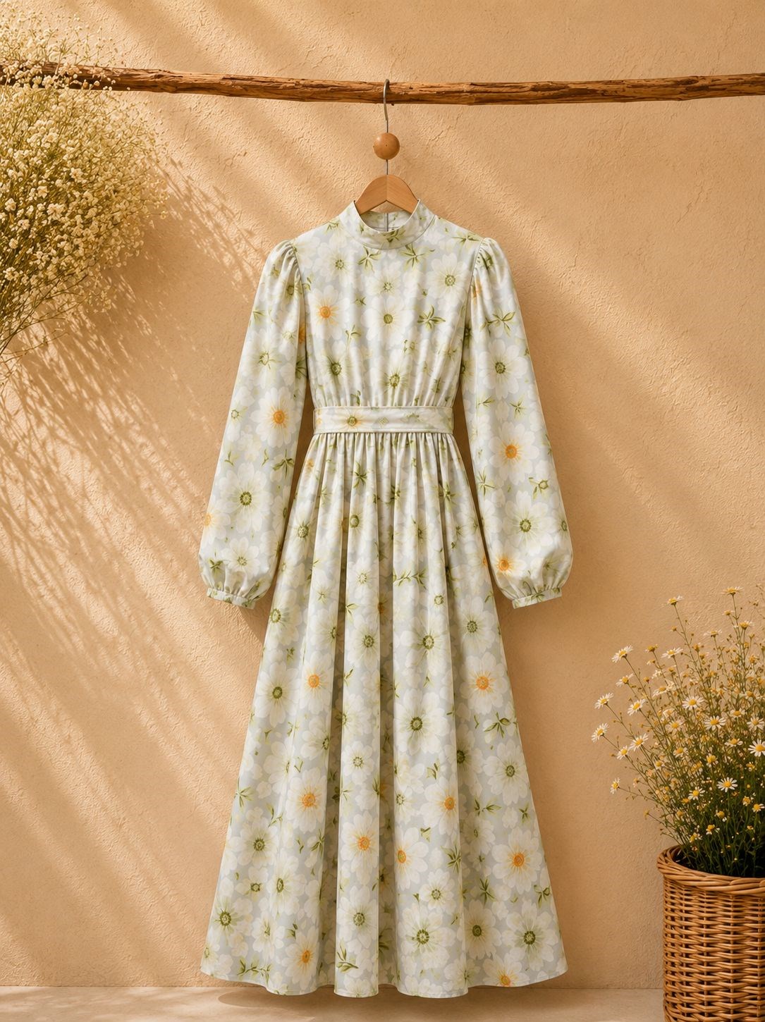 Tesettür Hakim Yaka Yeşil Açelya Çiçeği Uzun Kloş Elbise