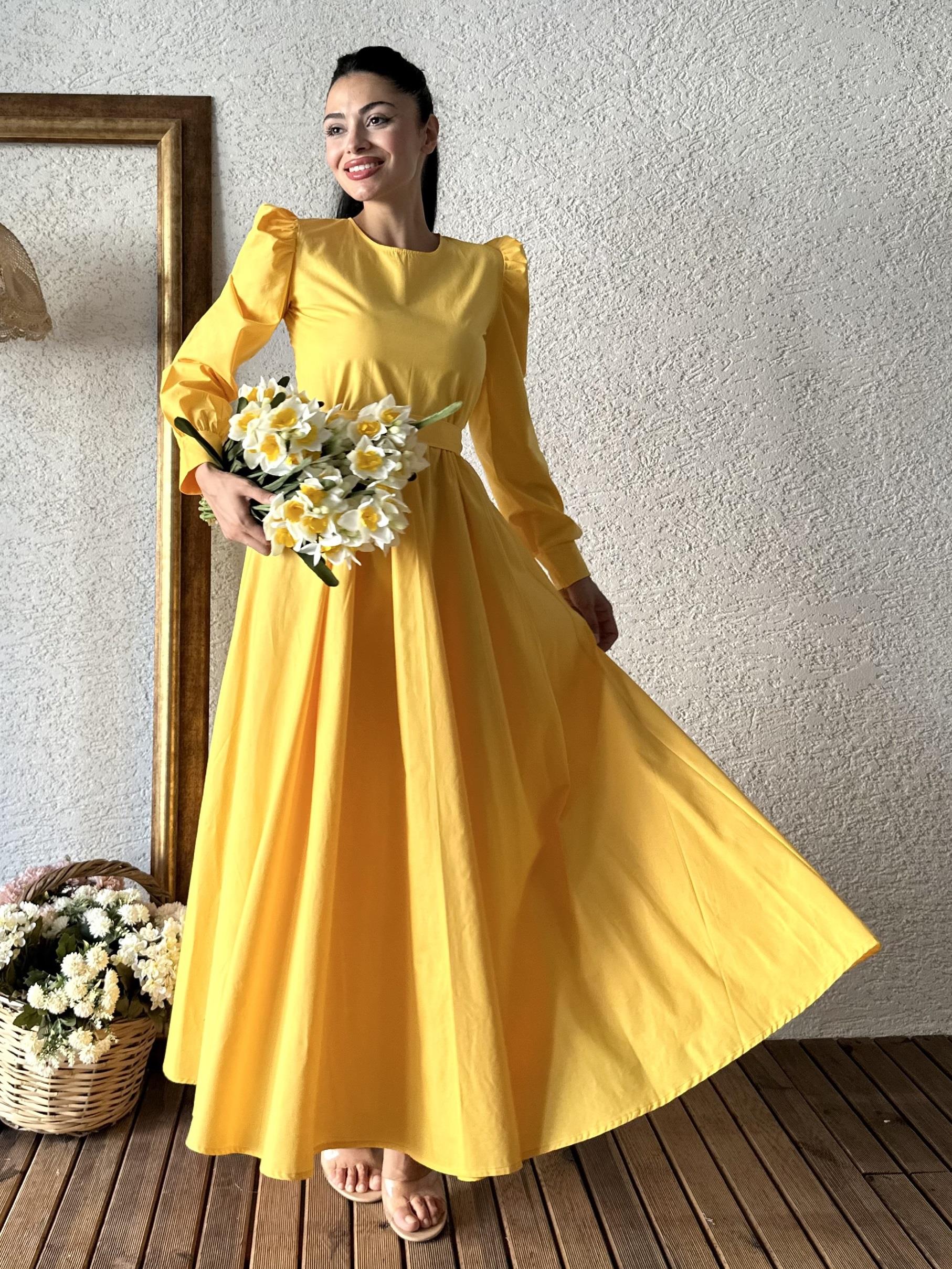 Tesettür Koyu Sarı Kloş Poplin Elbise