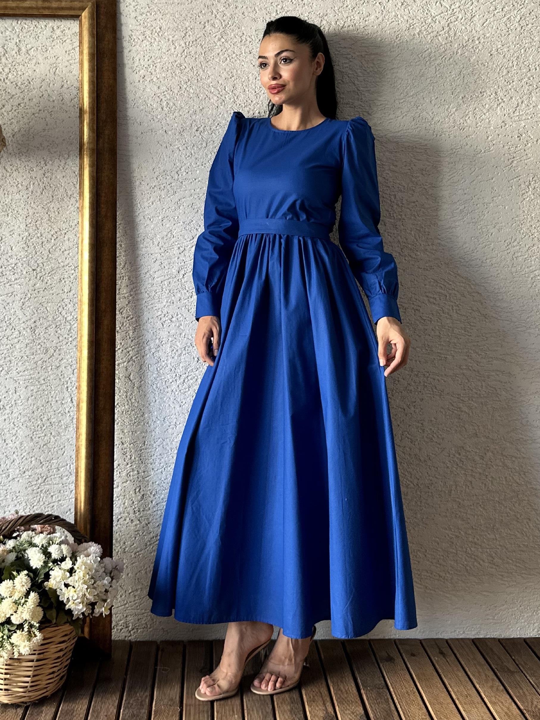 Tesettür Saks Mavisi Kloş Poplin Elbise
