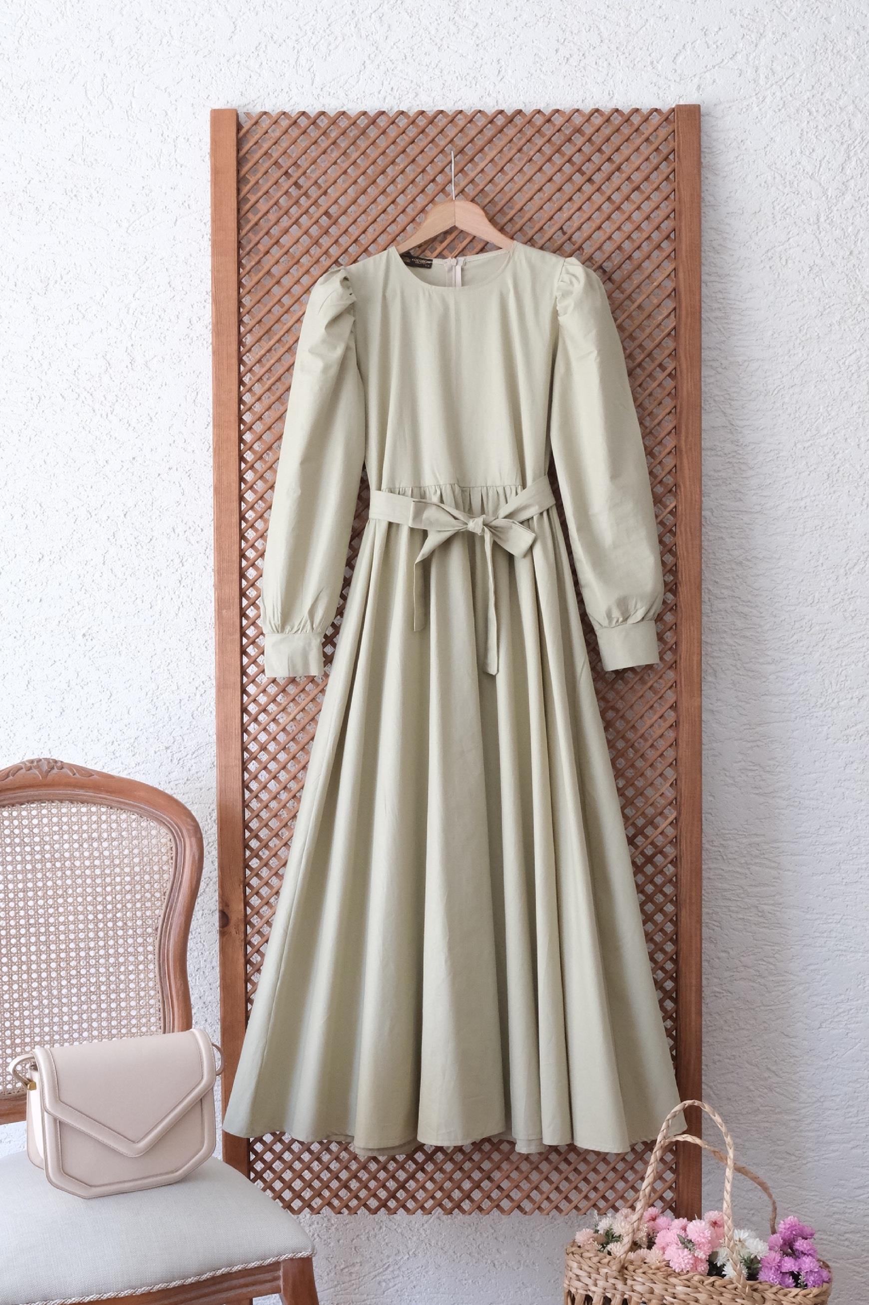 Tesettür Soft Açık Yeşil Poplin Kloş Elbise