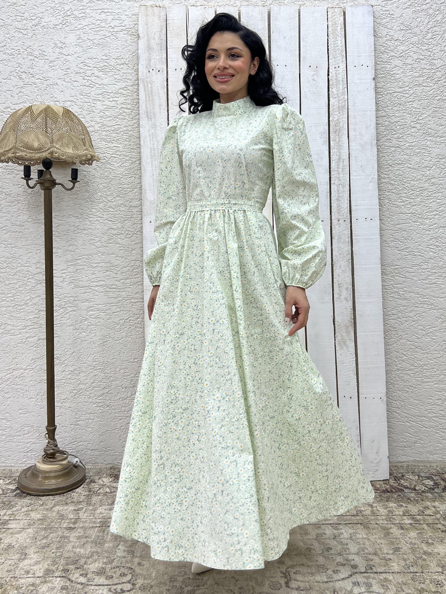 Tesettür Su Yeşili Papatya Poplin Kloş Elbise