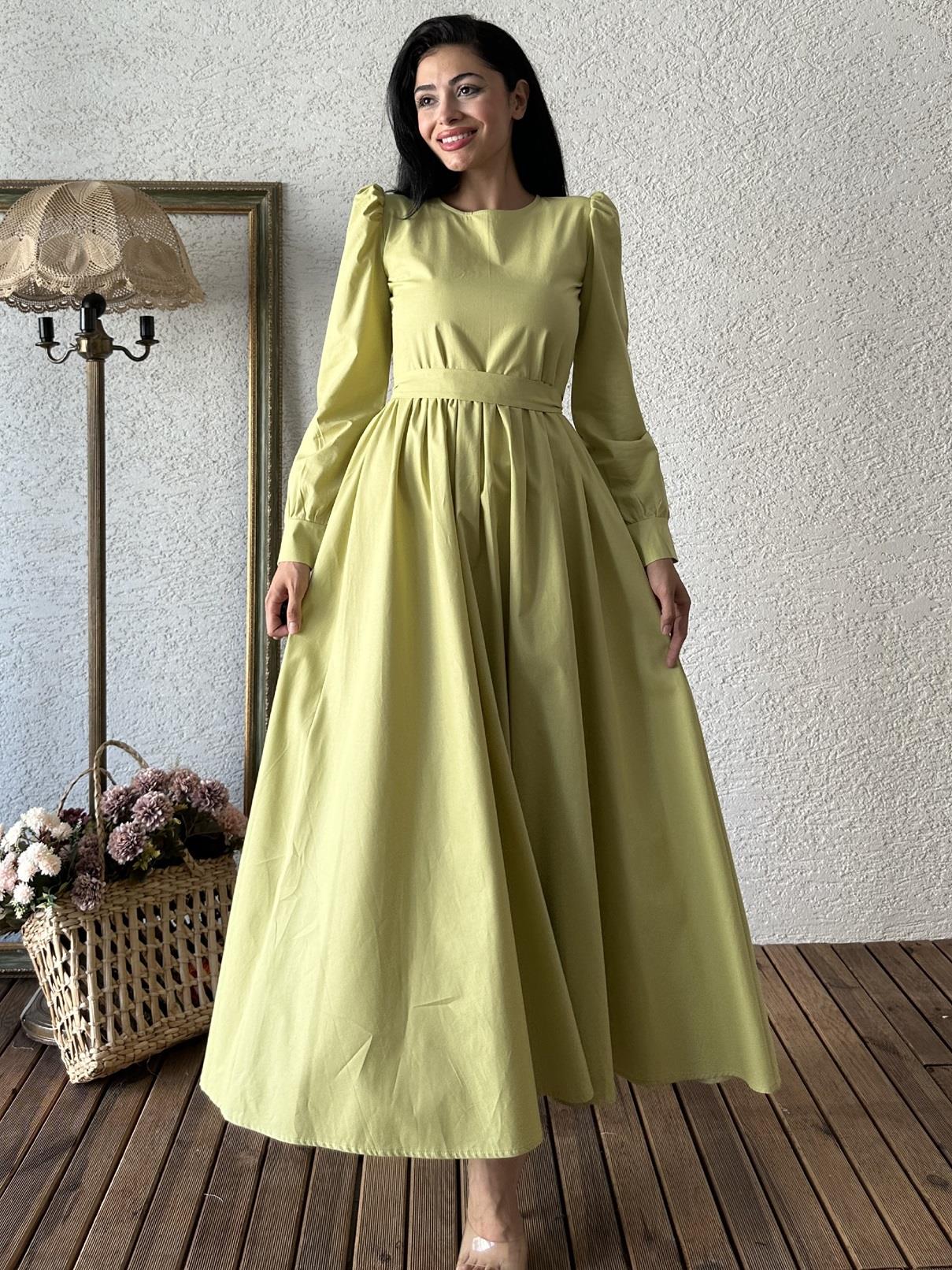 Tesettürr Yağ Yeşili Kloş Poplin Elbise