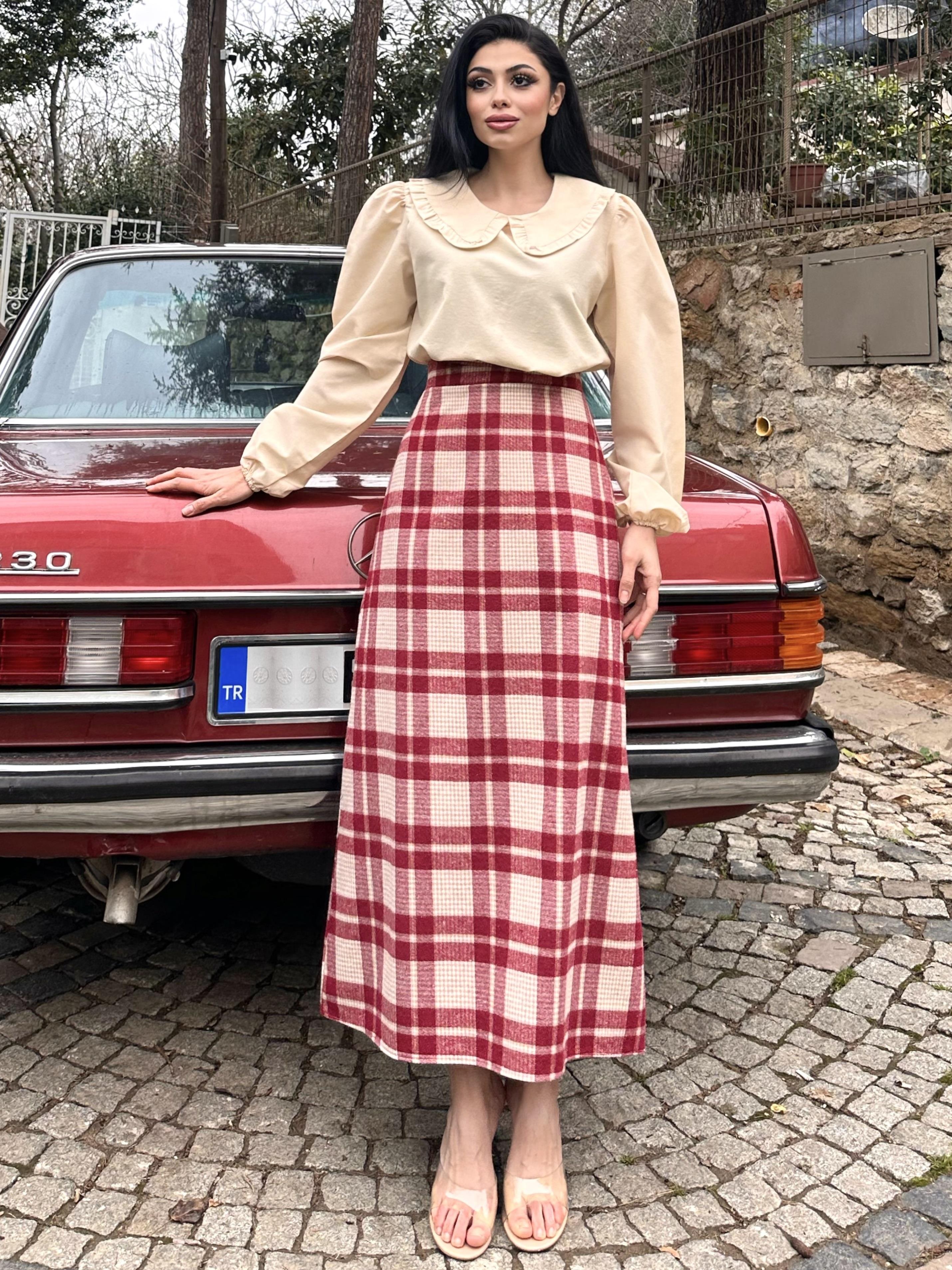 Uzun Bordo Pamuklu Kışlık Ekose Etek