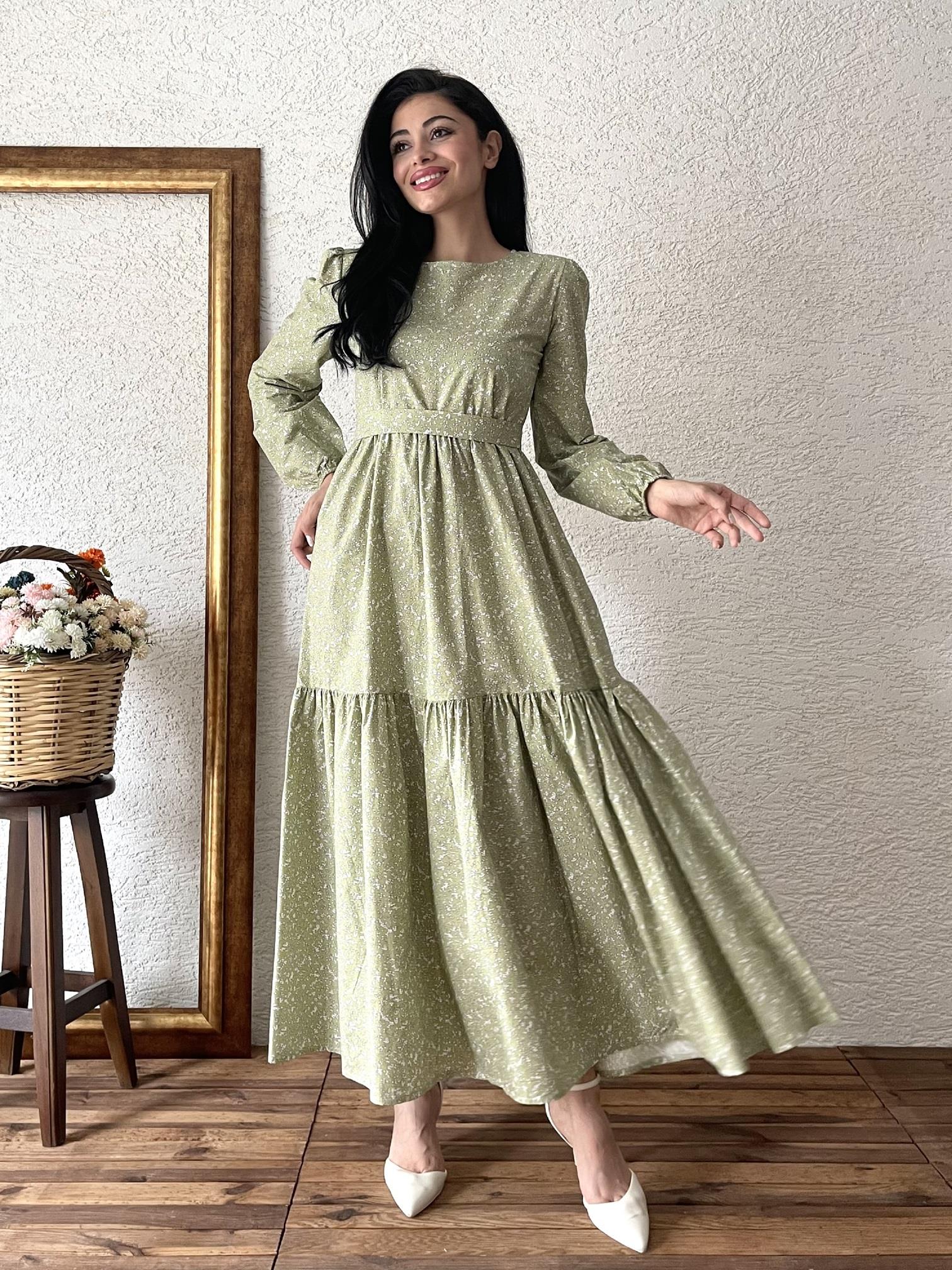 Uzun Yeşil Çıtır  Poplin Kat Kat Elbise
