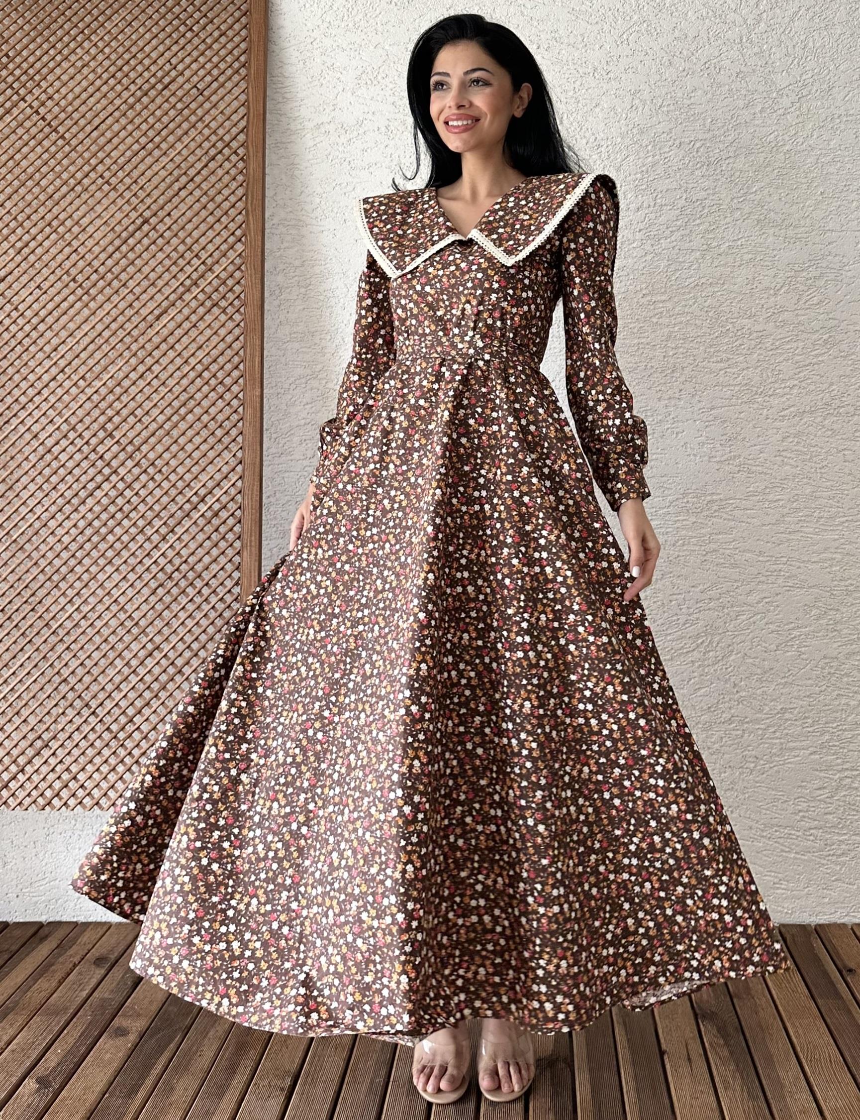 Vintage Büyük Yakalı Kahverengi Çiçekli (Uzun Kollu) Kloş Elbise