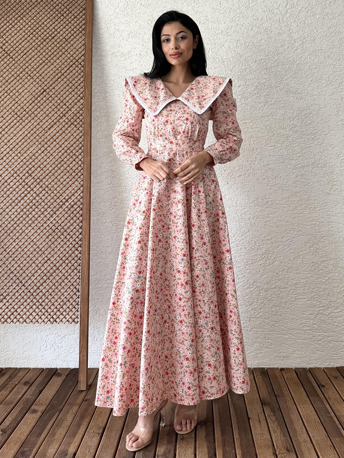 Vintage Büyük Yakalı Pudra Çiçekli (Uzun Kollu) Kloş Elbise