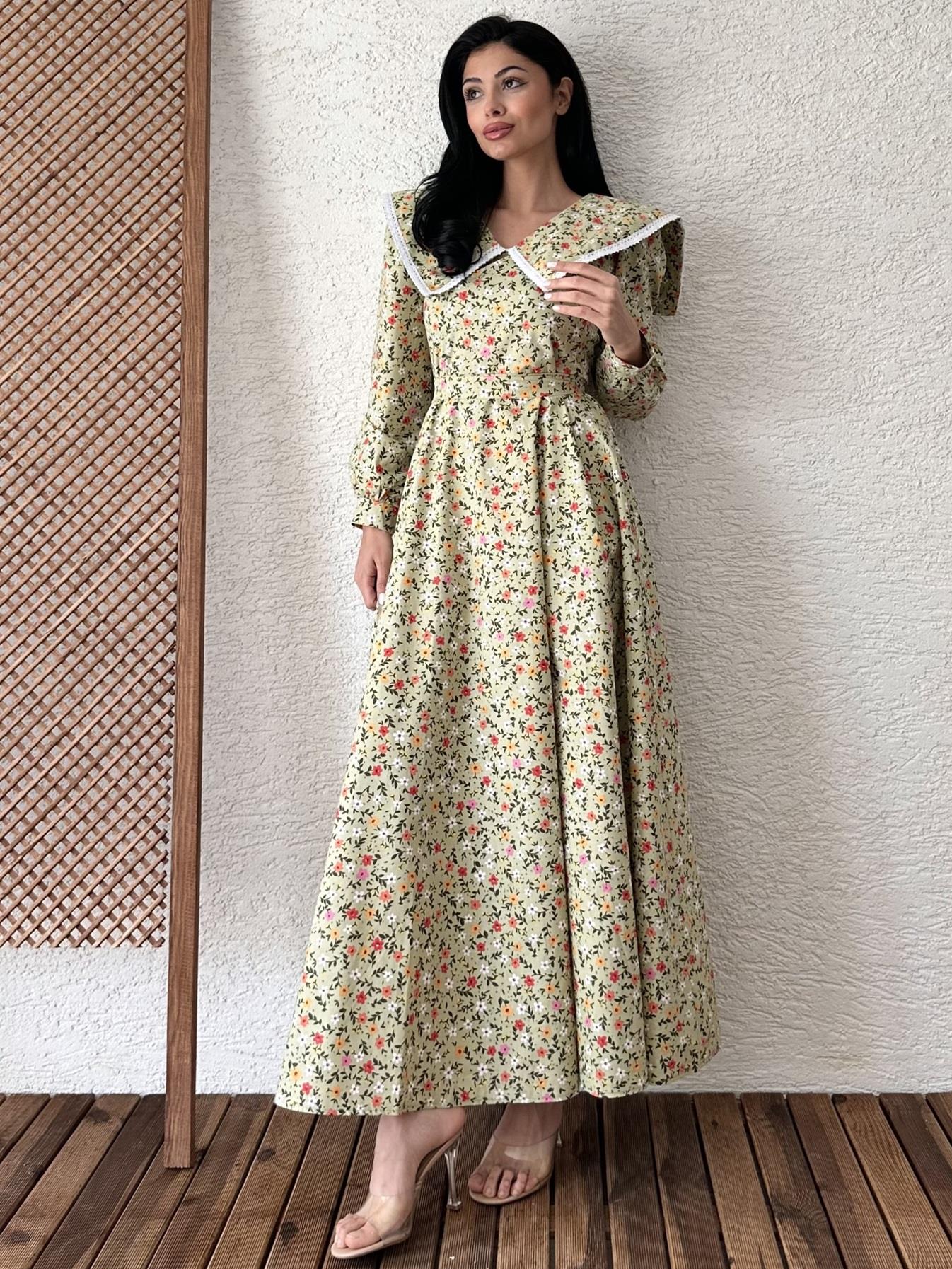 Vintage Büyük Yakalı Yeşil Çiçekli (Uzun Kollu) Kloş Elbise