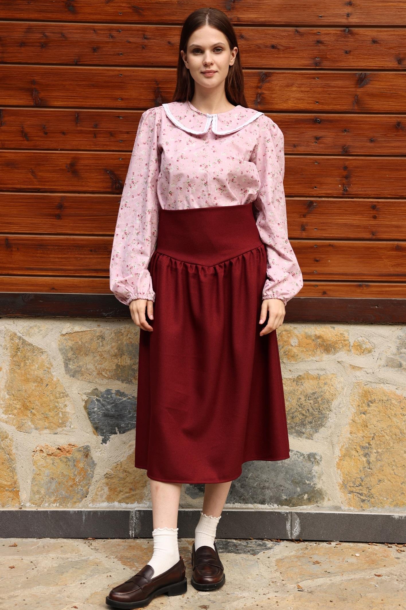 Vintage Kemerli Bordo Yün Efekt Etek